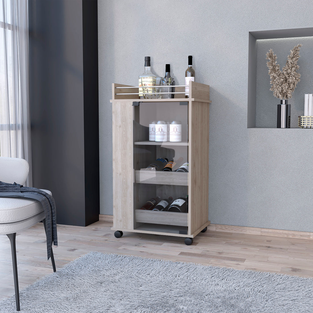 Baltimore Bar Cart With Casters, Glass Door And 2 Side Shelf Grey Primary Living Space Modern Rectangular Particle Board Engineered Wood Medium 40 55In