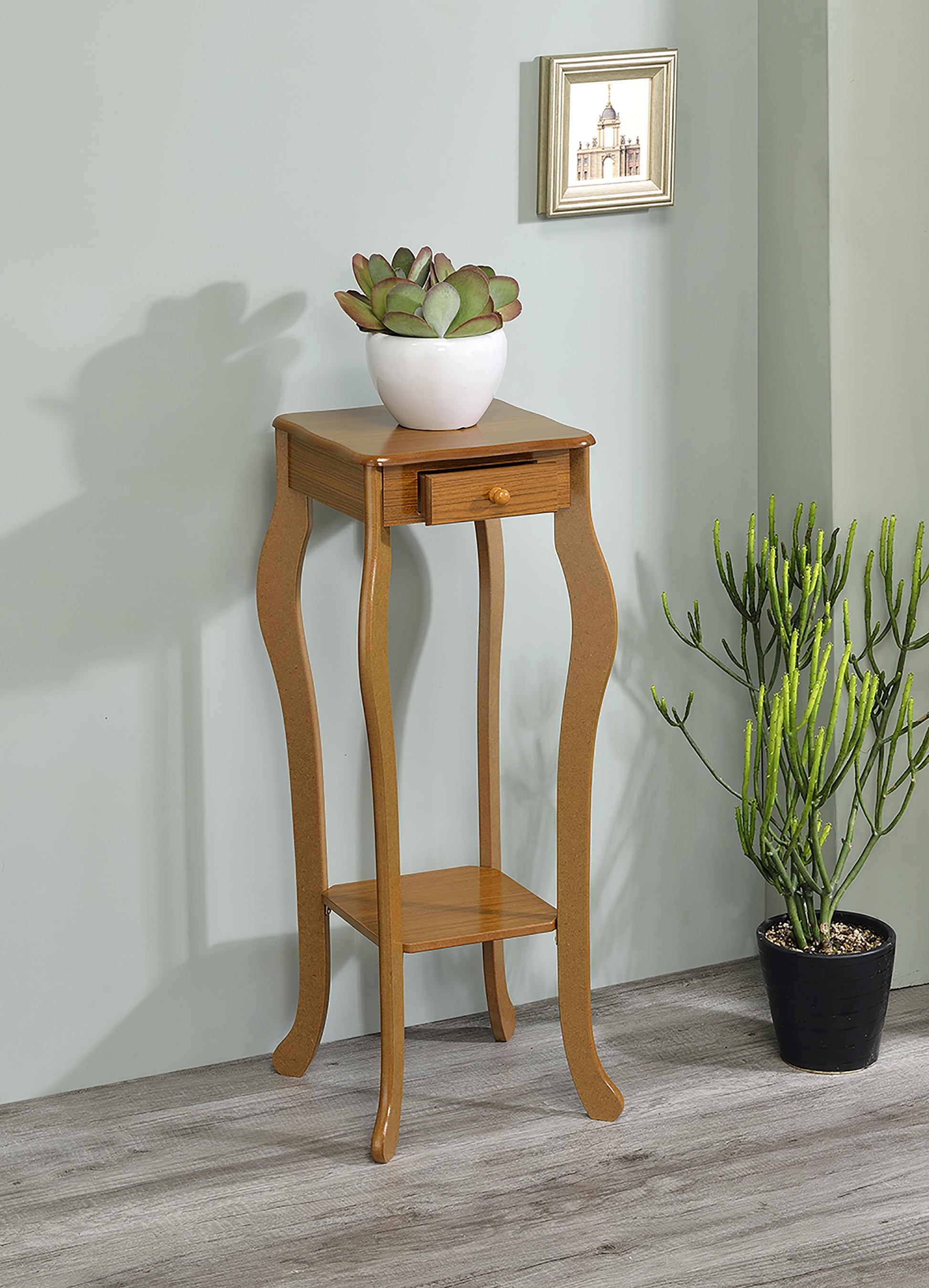 32.5" Tall Wooden Flower Plant Stand With Drawer, Oak Finish Oak Wood