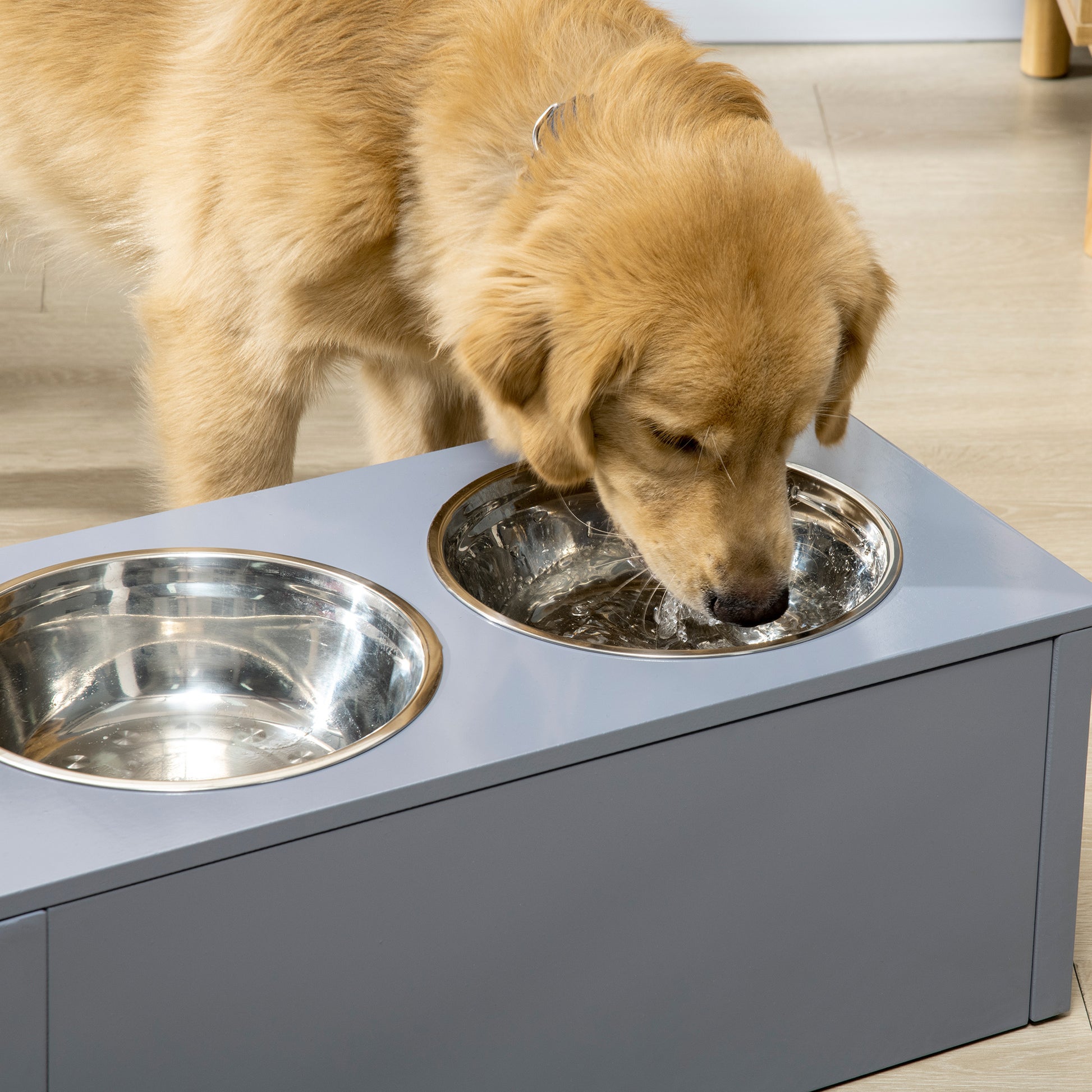 Pawhut Elevated Dog Bowls, Raised Dog Bowl Stand With Storage, 2 Stainless Steel Bowls, Pet Feeding Station For Medium Dogs, Indoor Use, 23.6" X 11.8" X 9.4", Gray Grey Stainless Steel