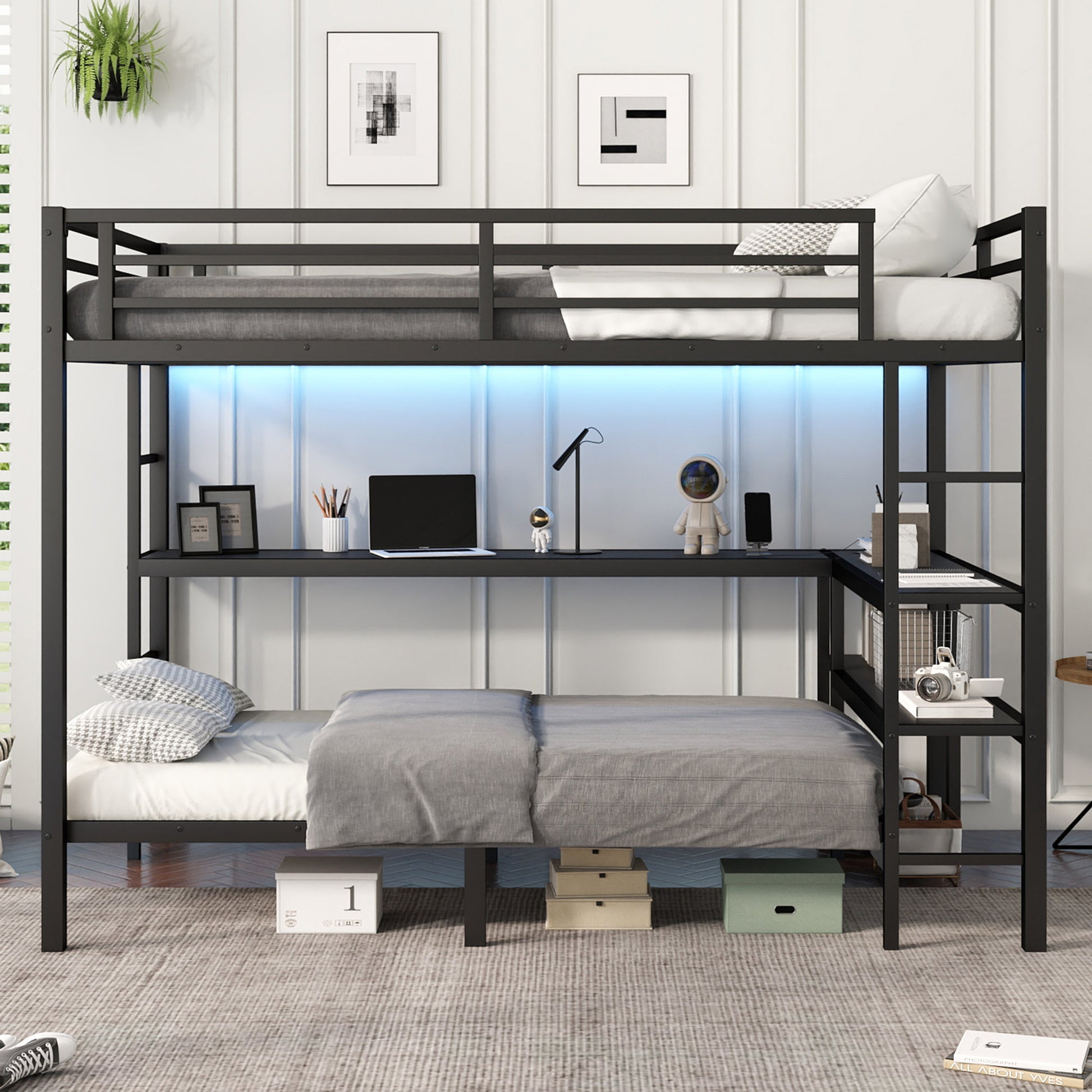 Full Xl Over Twin Bunk Bed With Desk And Shelves, Multiple Placement, With Led And Usb, Black Black Metal