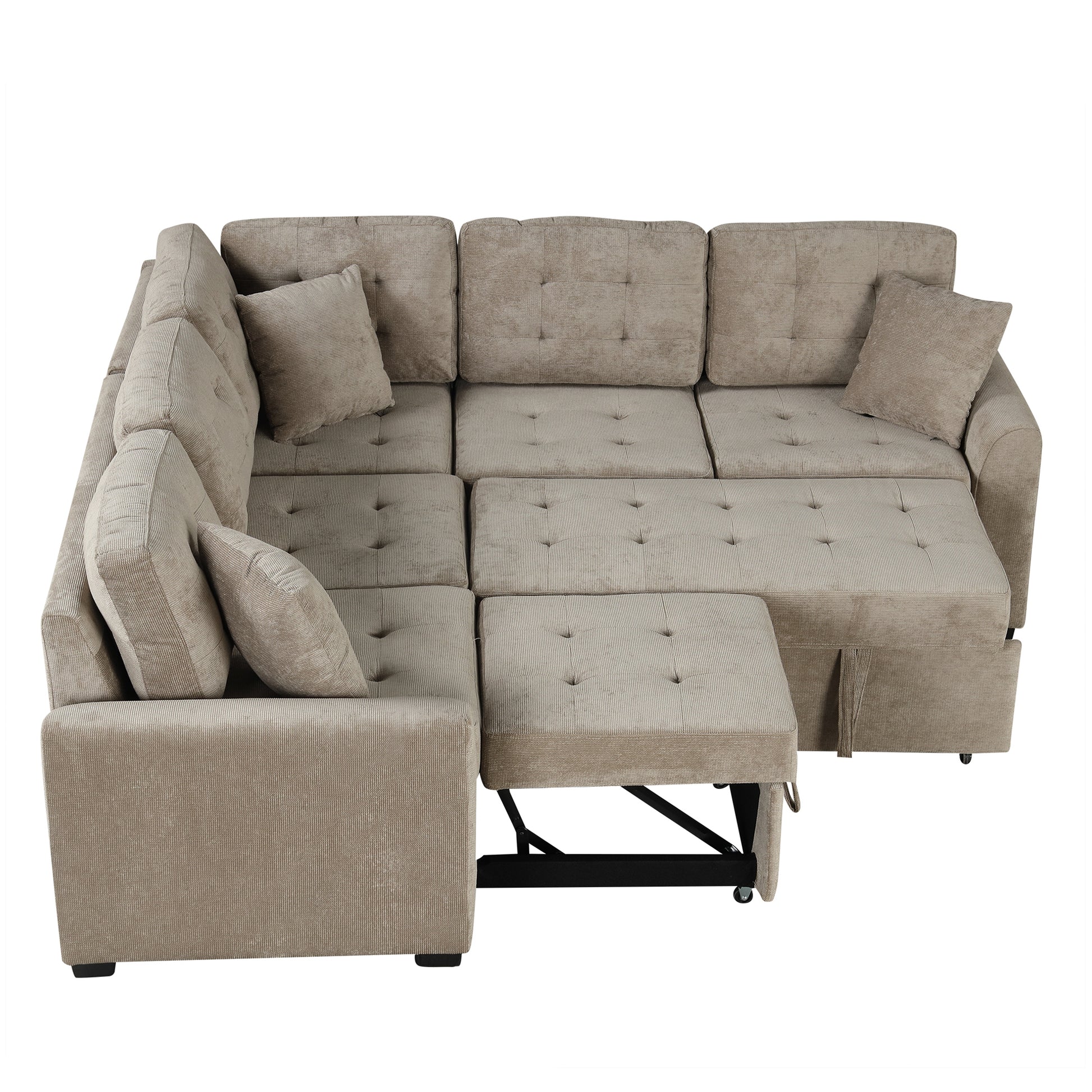 82.6" L Shape Sofa Bed Pull Out Sleeper Sofa With Wheels, Usb Ports, Power Sockets For Living Room Sg001230Aa , Khaki Khaki Foam Velvet 4 Seat