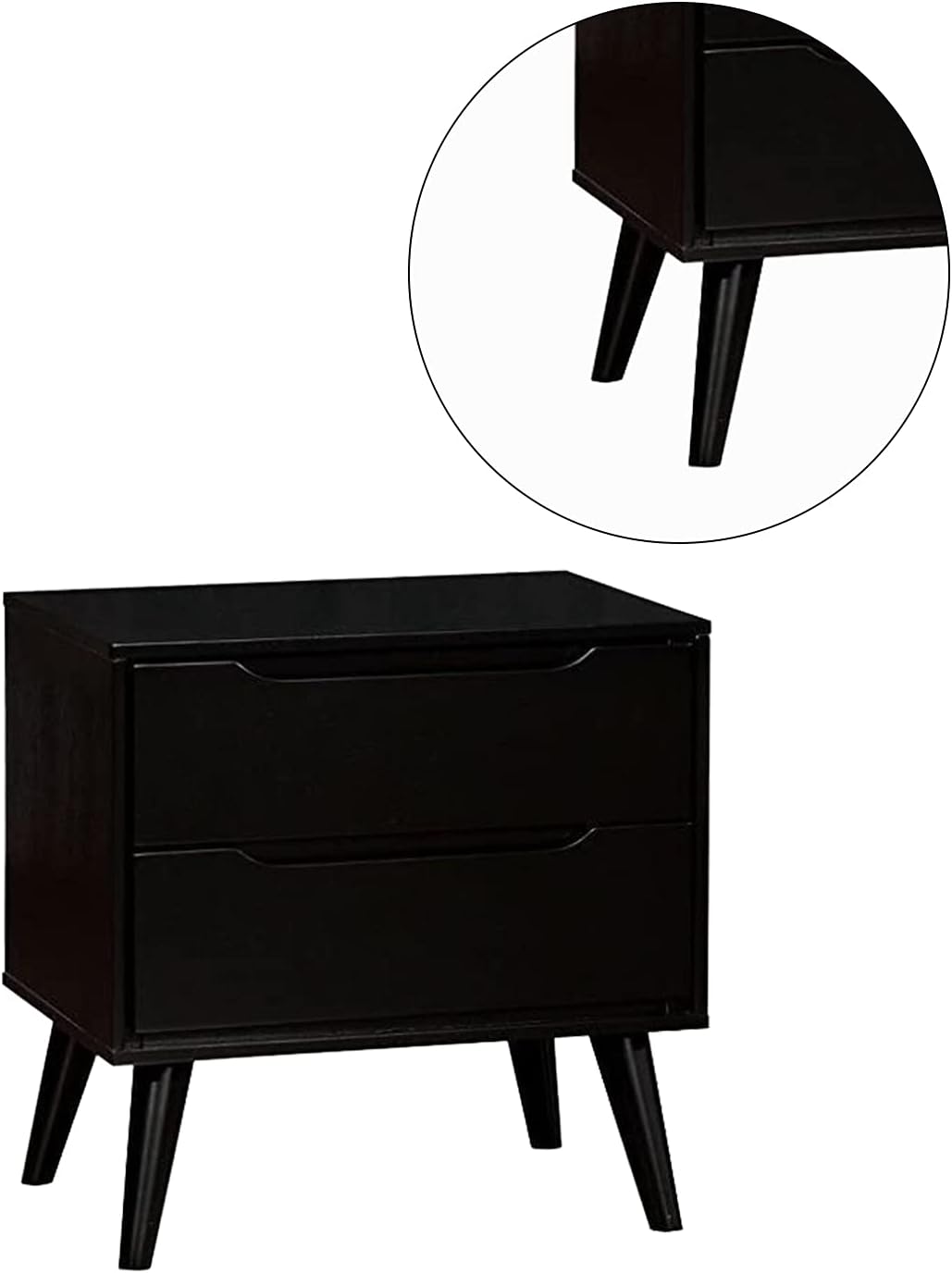 Mid Century Modern Black Color 1Pc Nightstand Bedroom Furniture Solid Wood Round Tapered Legs 2 Drawers Bedside Table Black White 2 Drawers Bedroom Bedside Cabinet Contemporary,Mid Century