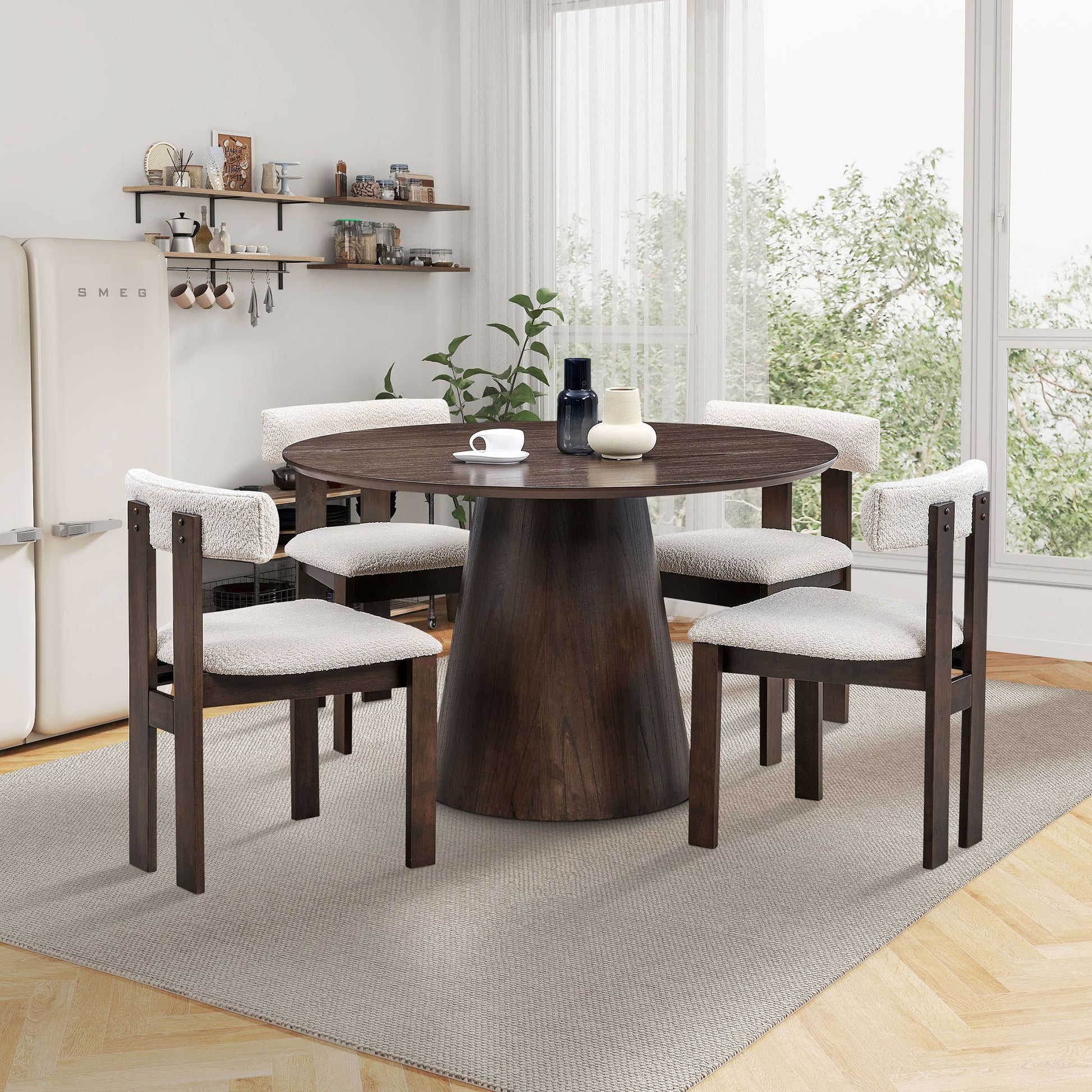 1 Table With 4 Chairs Wooden Dining Table Set, Modern Round Mdf Kitchen Table And Boucle Upholstered Dining Chairs For Dining Room, Kitchen, Saving Space, Brown Brown Solid Wood Mdf