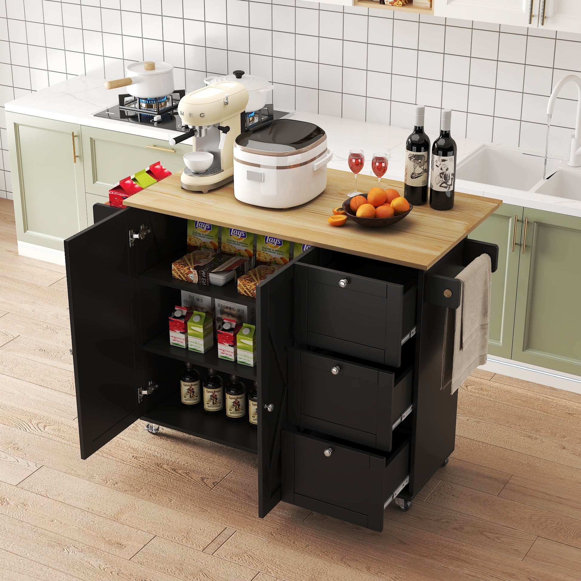 45.4" Farmhouse Black Rolling Kitchen Cart On Wheels With Storage Cabinet, Mobile Kitchen Island Cart With Drop Leaf Top, Spice Rack, Towel Bar, Adjustable Shelf, Drawers And Hooks Black Kitchen Rustic Rectangular Kitchen Carts Mdf Medium 40 55In