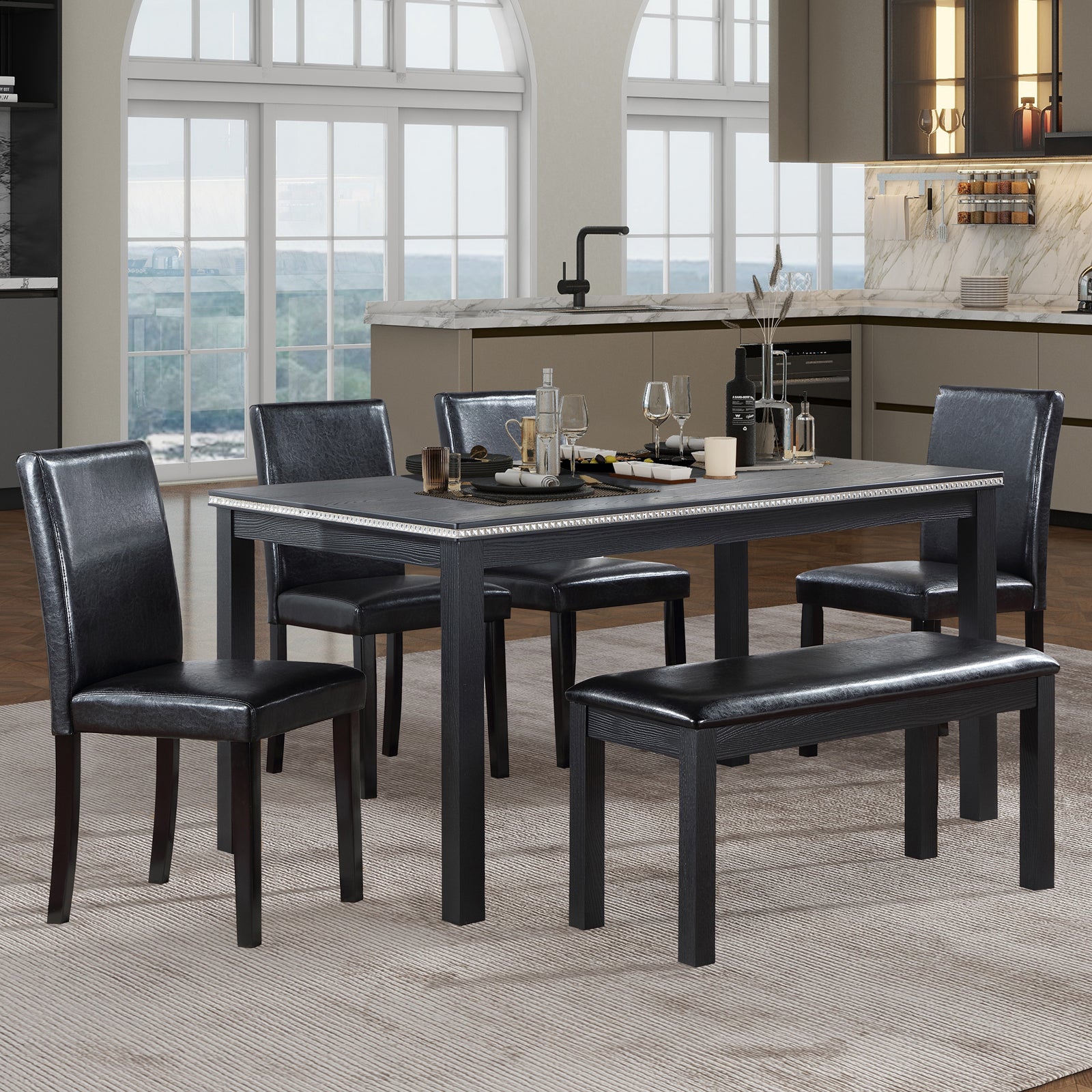 Wooden Dining Rectangular Table With Bench, Kitchen Table With Bench For Small Space, 6 Person Dining Table, Black Black Seats 6 Dining Room Rectangular 4 Leg Rectangular Dining Table With Chair And Bench Solid Wood Mdf