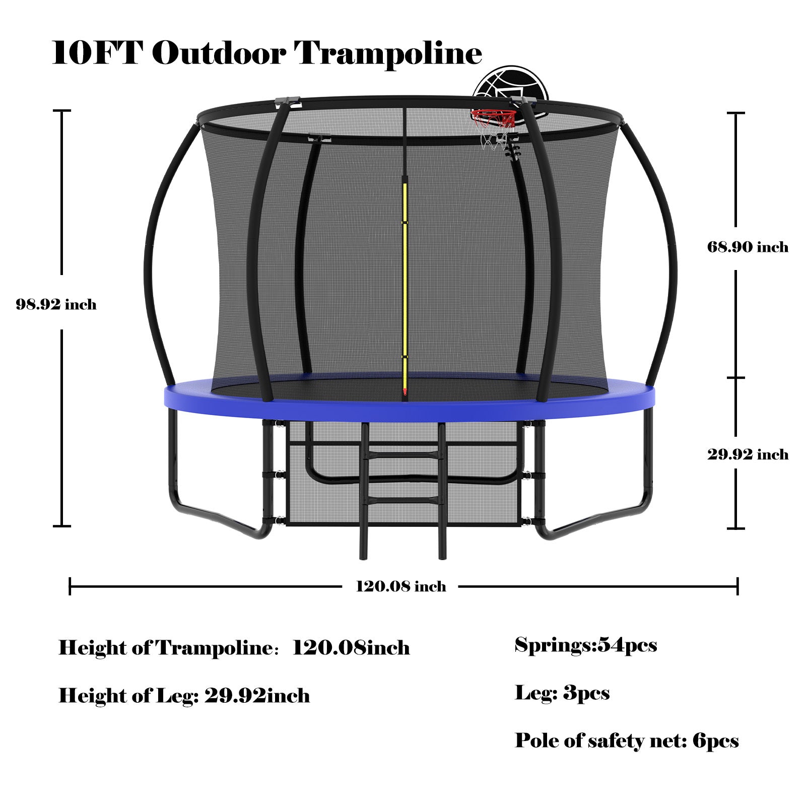 10Ft Pumpkin Trampoline, Outdoor Trampoline With Basketball Hoop, Enclosure Net And Ladder Blue Steel