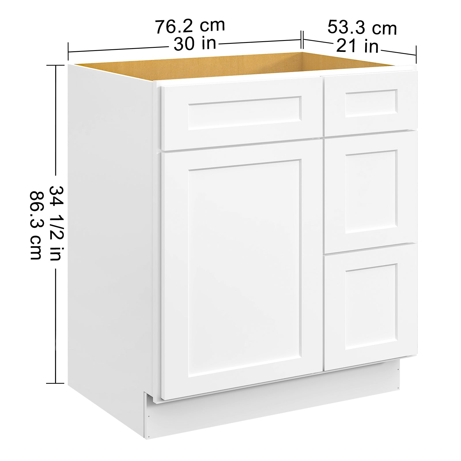 30 In. W X 21 In. D X 34.5 In. H In Shaker White Plywood Ready To Assemble Floor Vanity Sink Base Kitchen Cabinet With Right Door White Plywood