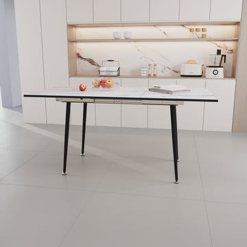 63" Mdf Square White Marble Pattern Stretchable Dining Table, Modern Industrial Kitchen And Dining Table, Equipped With Tapered Black Metal Legs White Mdf