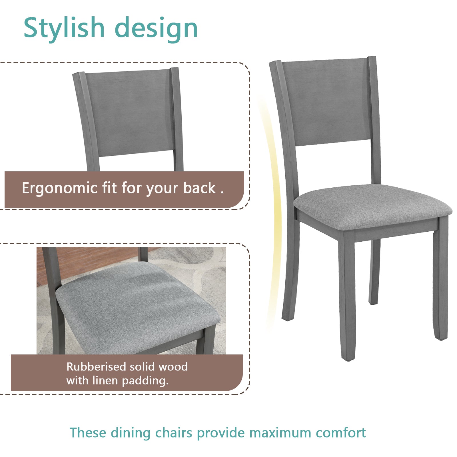5 Piece Modern Dining Set, Square Wooden Dining Table With 4 Upholstered Chairs For Kitchen, Dining Room, Gray Wood Gray Seats 4 Gray Wood Dining Room Acacia 4 Leg Square Dining Table With Chair Acacia Wood
