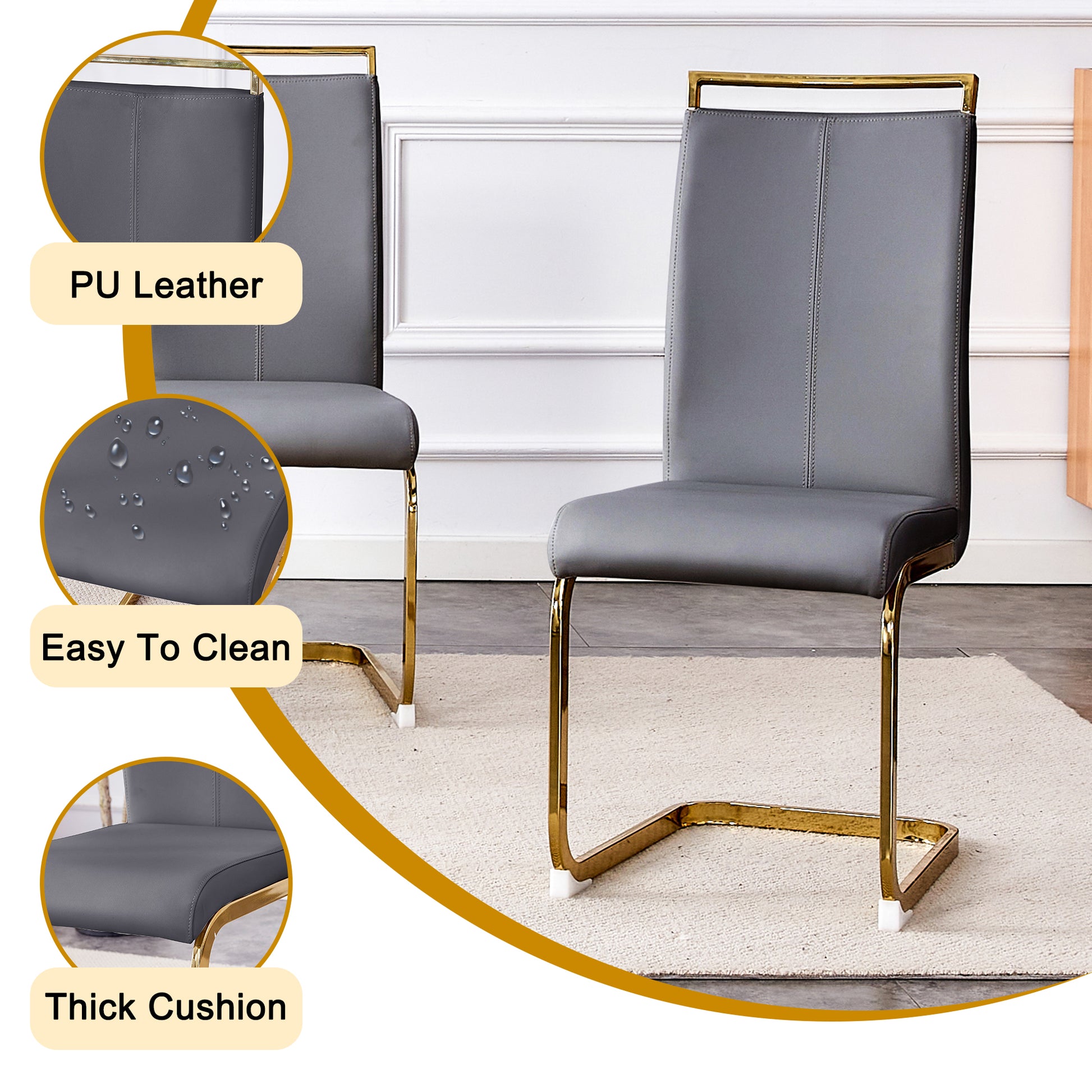 Table And Chair Set.Modern Rectangular Dining Table With Black Textured Stickers Glass Tabletop And Gold Plated Metal Legs.Paried With 4 Comfortable Chairs With Pu Seats And Golden Metal Legs. Dark Gray,Gold Seats 4 Glass Metal