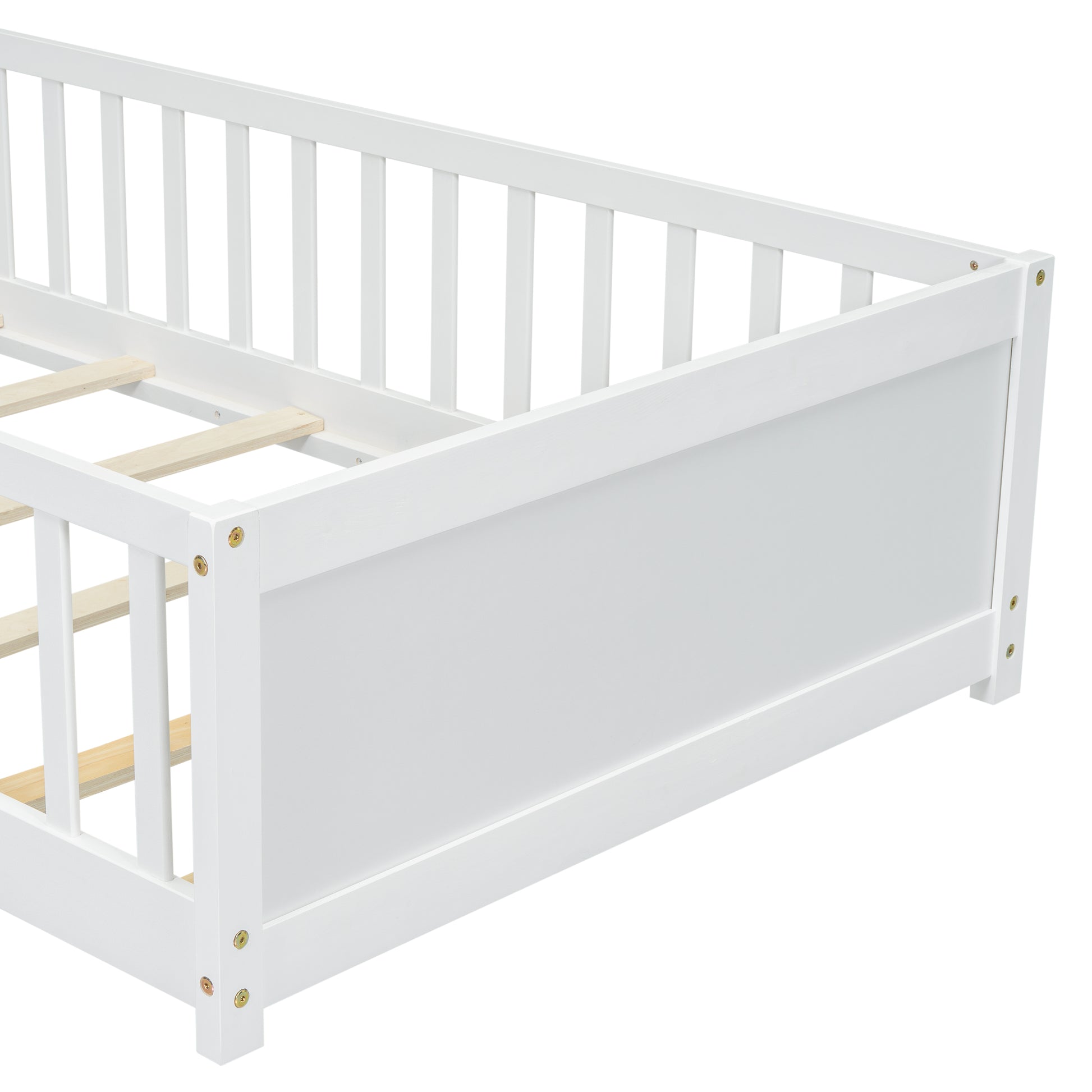 Twin Size Floor Platform Bed With Built In Book Storage Rack,White Twin White American Design Pine