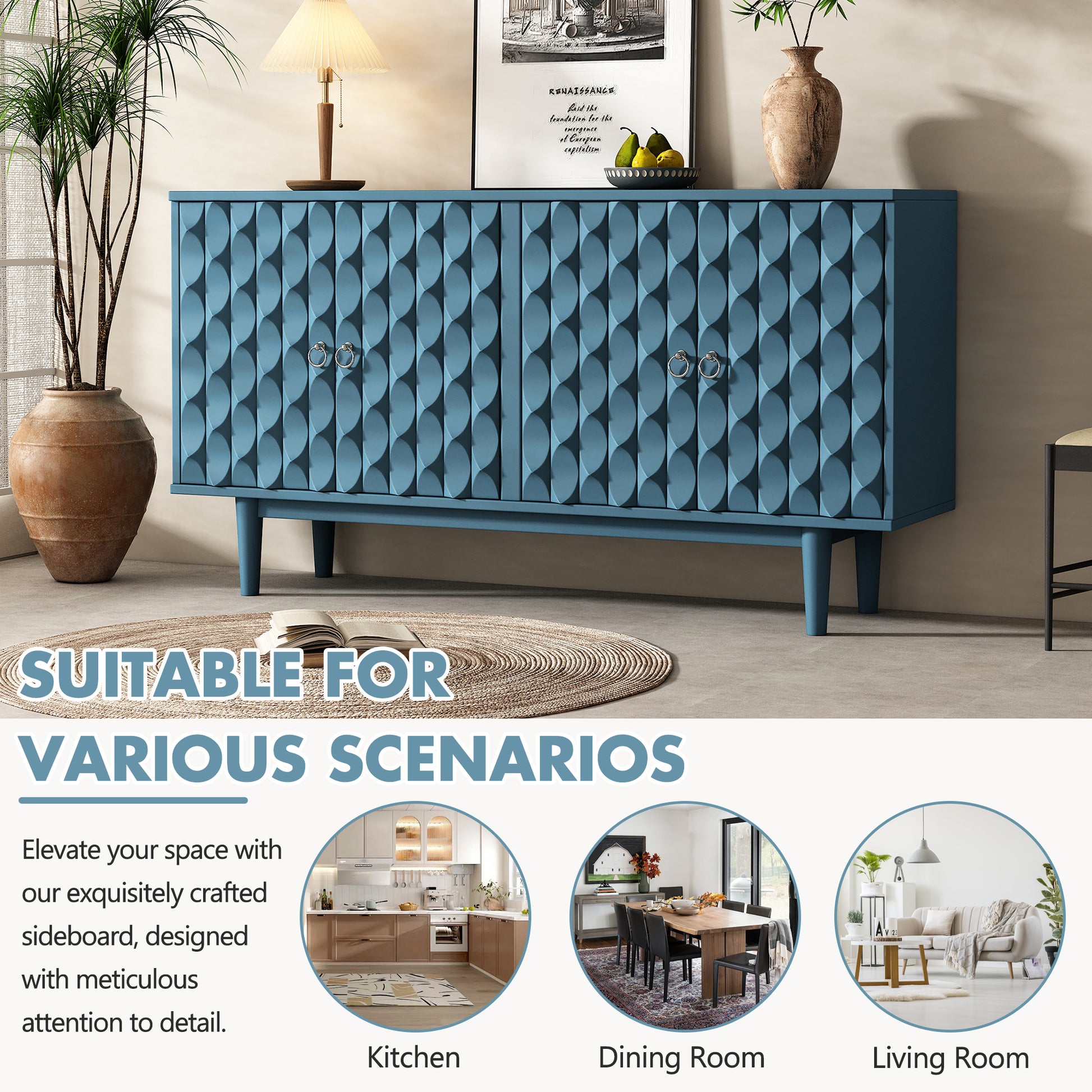 Modern 4 Door Sideboard With Convex Pattern Doors And 2 Silver Handle For Living Room, Dining Room, Kitchen Navy Navy Mdf