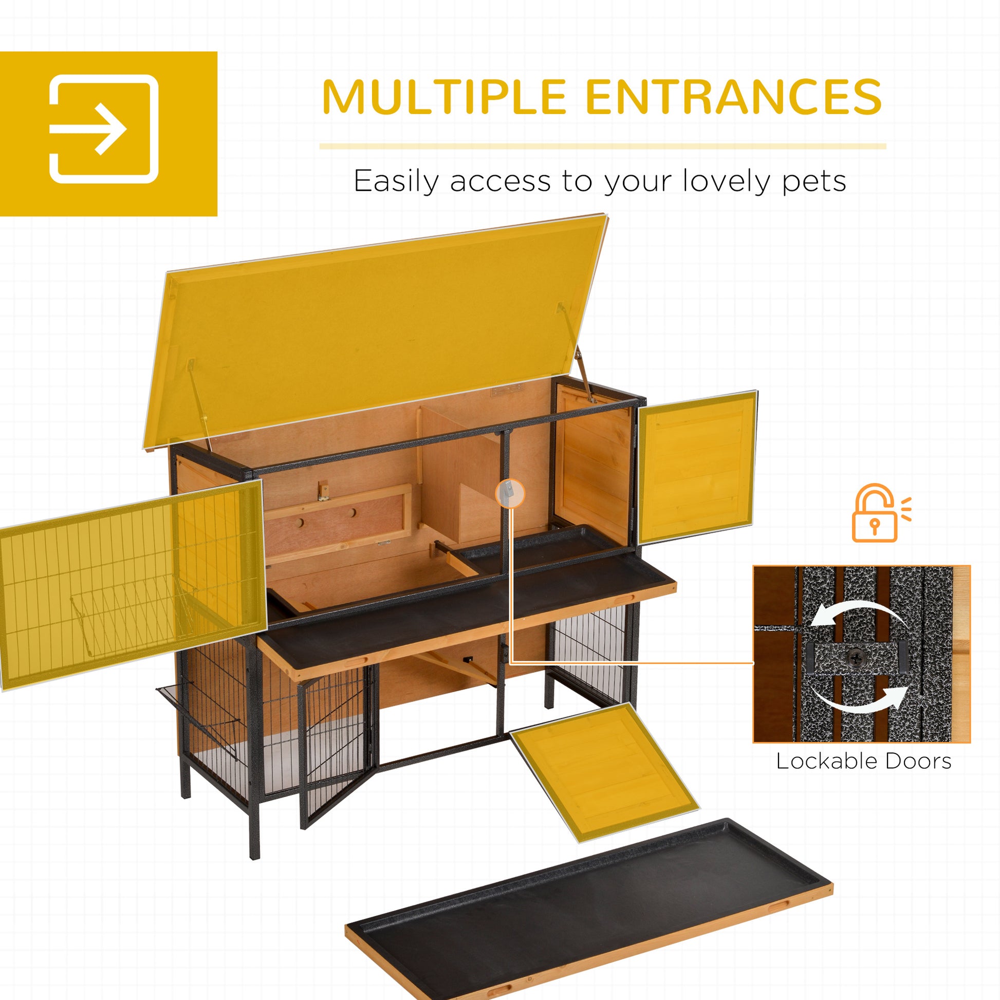 Pawhut 48" 2 Story Large Rabbit Hutch Bunny Cage Wooden Pet House Metal Frame With Individual Room, Ramp, No Leak Tray, Feeding Trough, Waterproof Asphalt Roof For Outdoor Indoor Light Yellow Wood