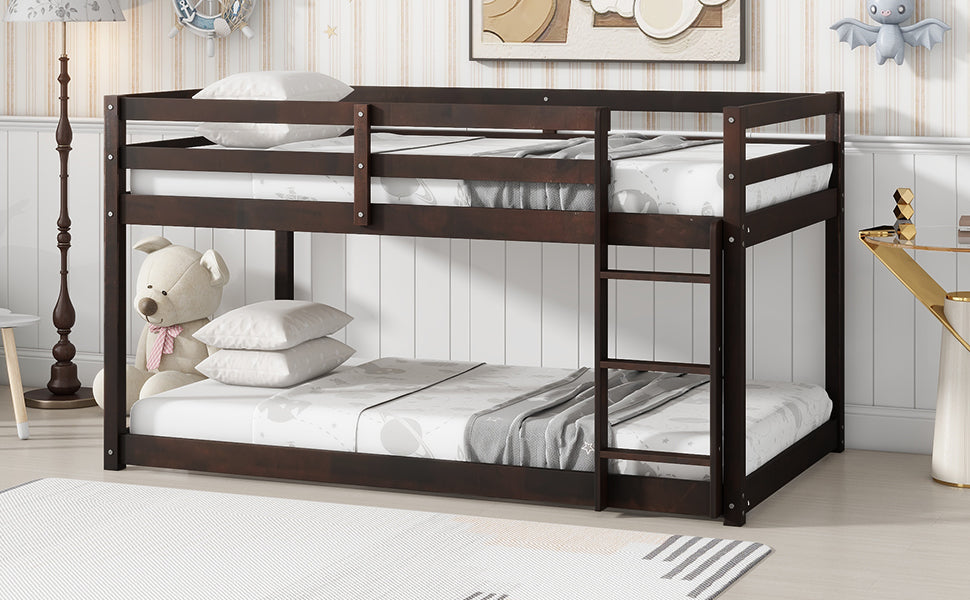 Solid Wooden, Solid Rubber Wooden Twin Over Twin Loft Bed With Ladder, With Bed Platform Of Strengthened Slatsespresso Twin Espresso Rubber Wood