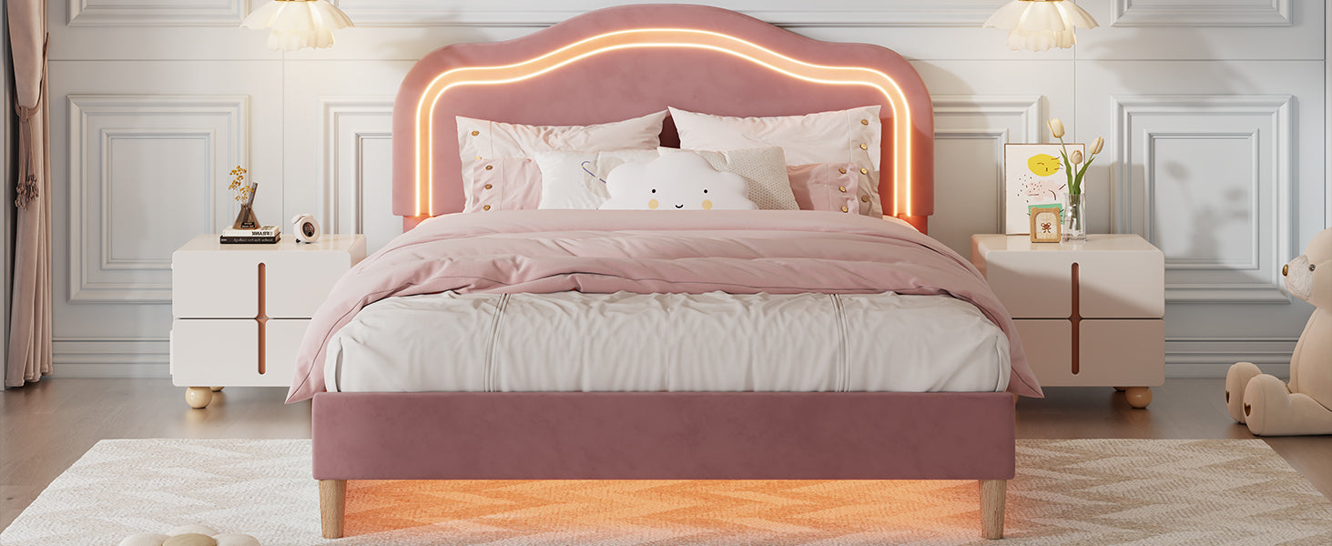 Queen Size Velvet Upholstered Smart Led Bed Frame With Adjustable Height Headboard,No Box Spring Needed,Easy Assembly,Pink Box Spring Not Required Queen Pink Wood Bedroom Cute,Modern Bed Frame Wood