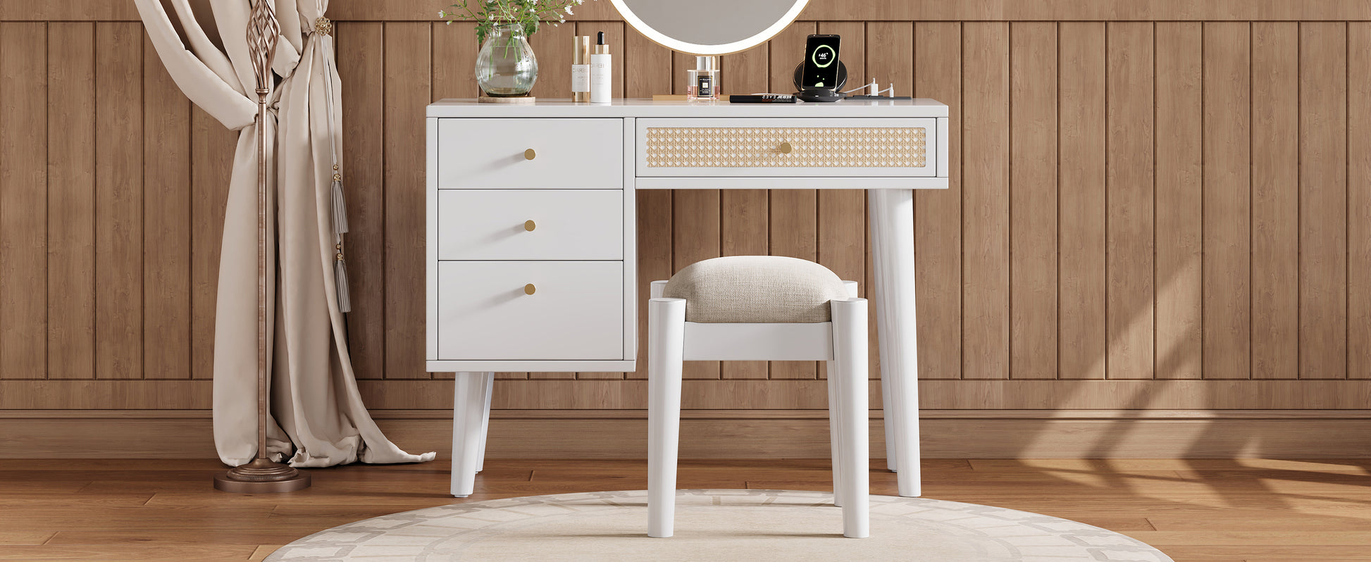 39" Retro Bohemian Style Wooden Makeup Vanity Set With Charging Plug&Usb Port And Stool, Dressing Table With 3 Storage Drawers And 1 Rectangular Rattan Drawer, White White 4 Drawers Wood