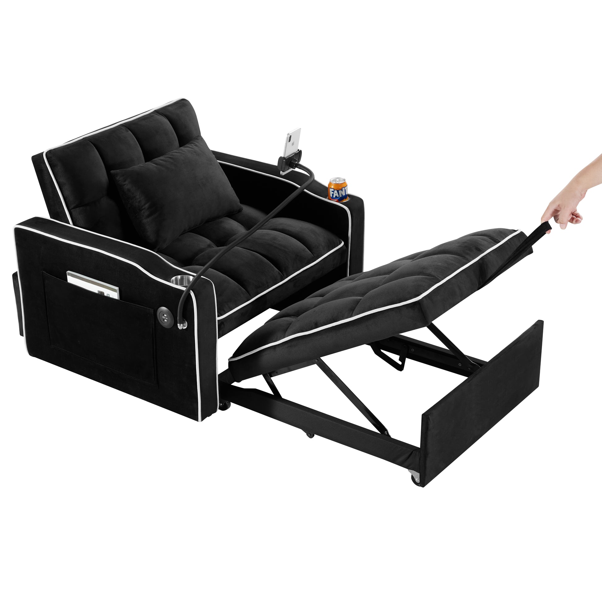 Convertible Sleeper Chair Sofa Bed Adjustable Pull Out Sleeper Chair Bed Multi Pockets Folding Sofa Bed For Living Room Bedroom Small Space,3 In 1 Sofa Bed, Black Black Velvet 1 Seat