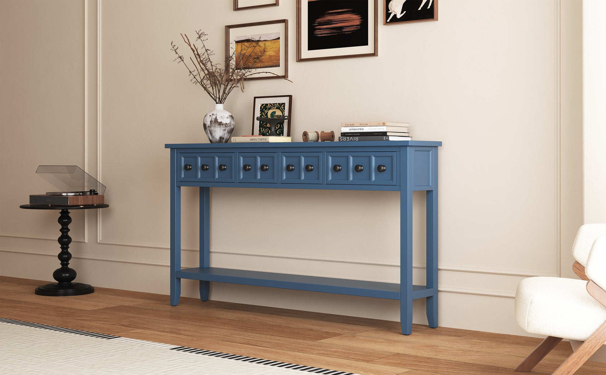 Rustic Entryway Console Table, 60" Long Sofa Table With Two Different Size Drawers And Bottom Shelf For Storage Antique Navy Antique Navy Solid Wood