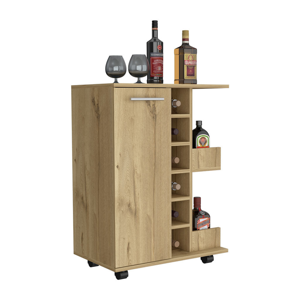 32" H Light Oak Bar Coffee Cart, Cabinet Storage, With 4 Wheels, 1 Divided Storage With 1 Shelf, 1 Folding Door, A Central Vertical Division For 6 Bottles And 2 Side Shelves With Aluminum Front Beige Particle Board Particle Board