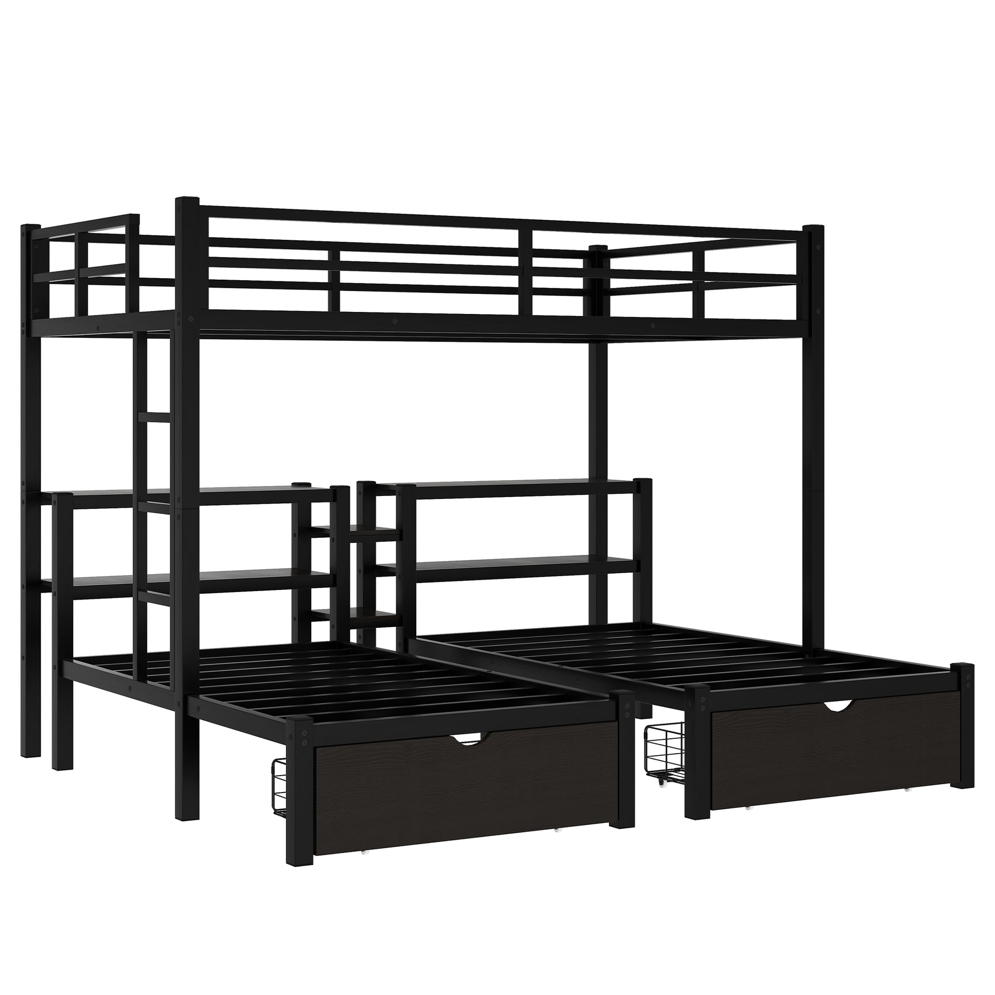 Full Xl Over Twin & Twin Triple Bunk Bed With Drawers,Multi Functional Metal Frame Bed, Bed Head With Shelving, Black Full Xl Black Metal