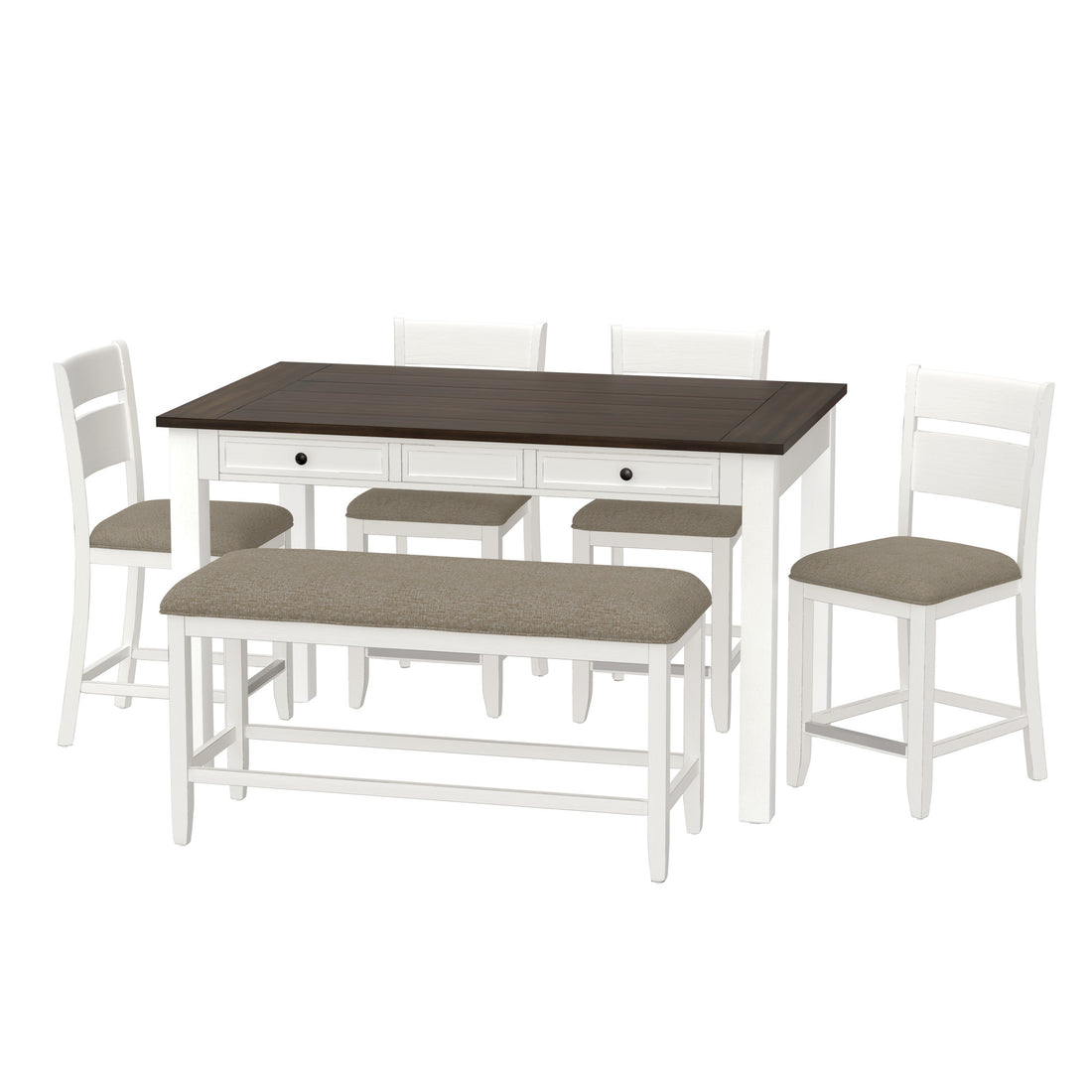 Velvety Brown And White 6 Piece Gathering Dining Set Brown White Bench Seating Foam Dining Table With Chair And Bench Engineered Wood