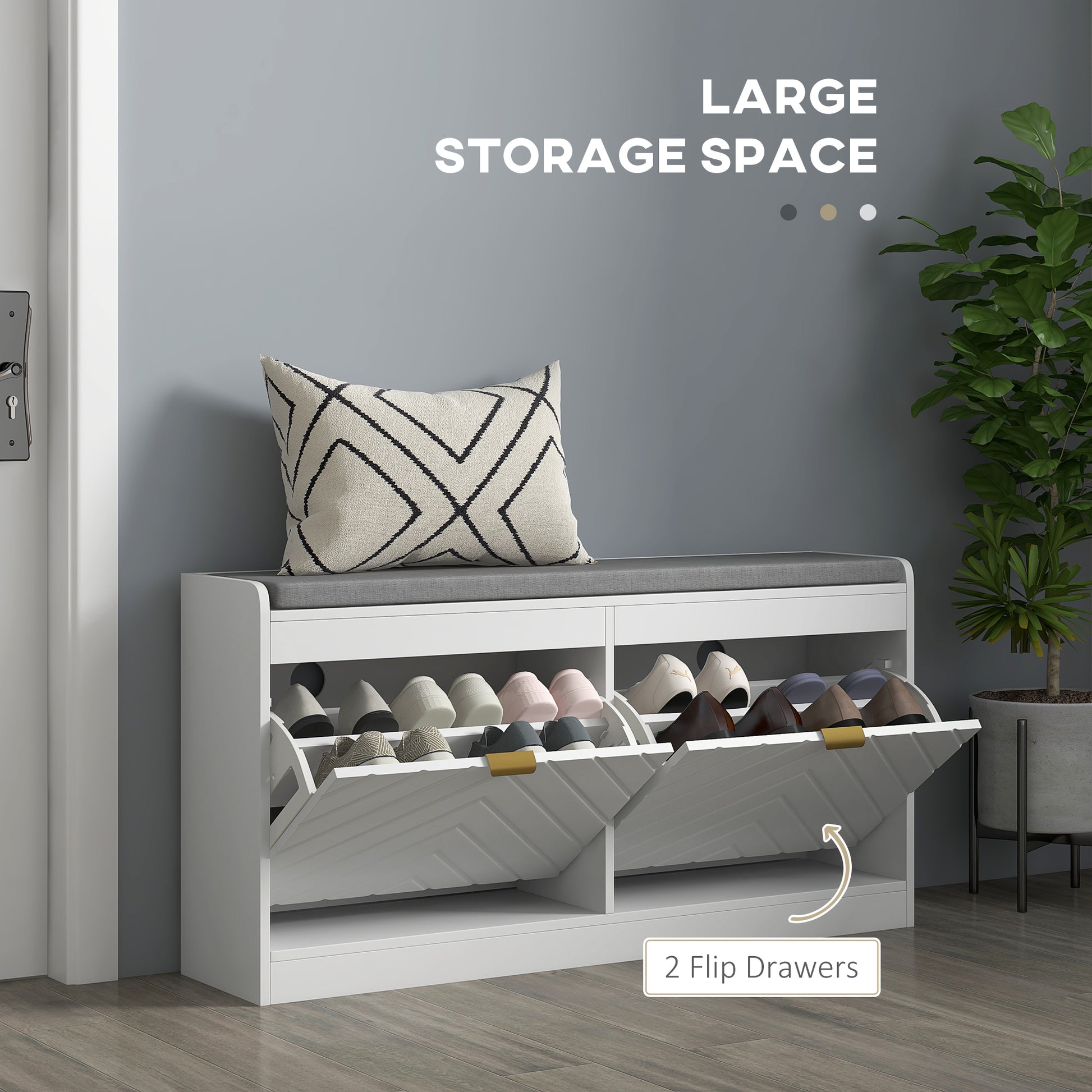 Homcom Shoe Bench, Entryway Bench With 2 Flip Drawers, Seating Cushion, And 2 Vents For 8 Pairs Of Shoes For Hallway, White White Mdf