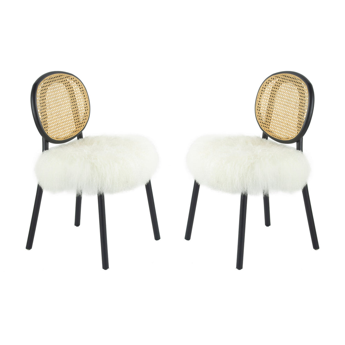 Ada 24 Inch Dining Chair, Cane Rattan Back, Fur Seat, Set Of 2, Black Black White Wood