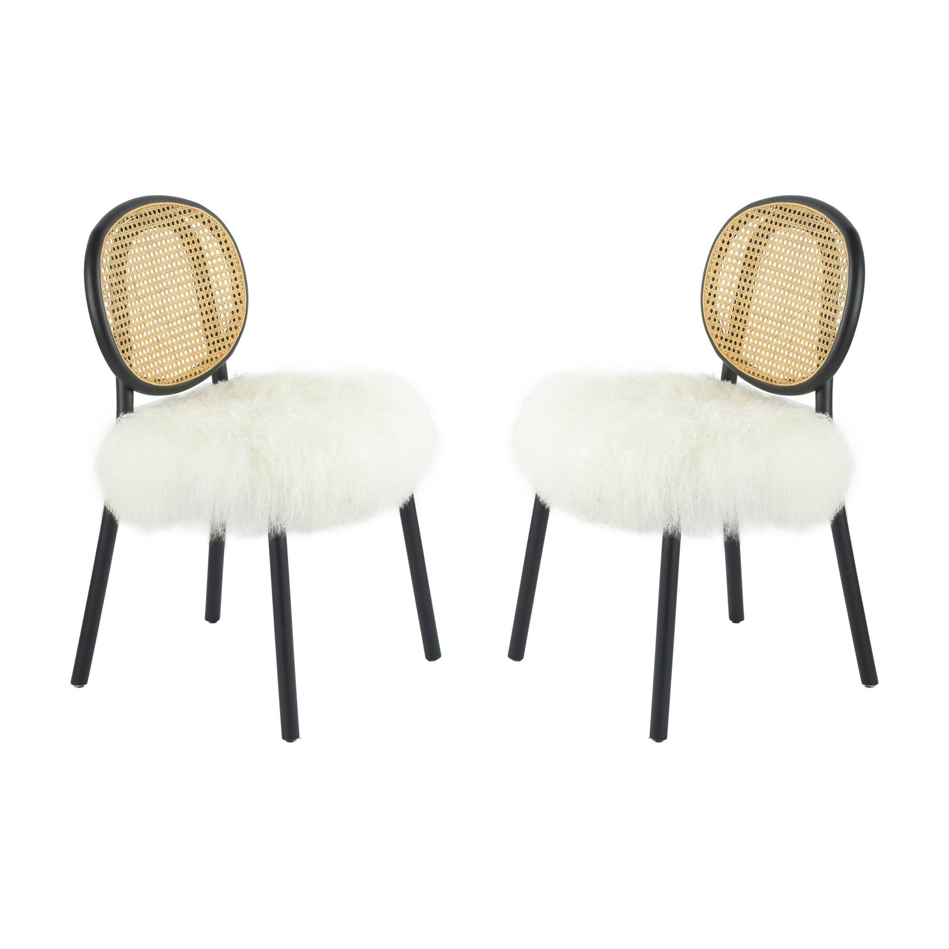Ada 24 Inch Dining Chair, Cane Rattan Back, Fur Seat, Set Of 2, Black Black White Wood