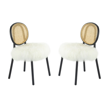 Ada 24 Inch Dining Chair, Cane Rattan Back, Fur Seat, Set Of 2, Black Black White Wood