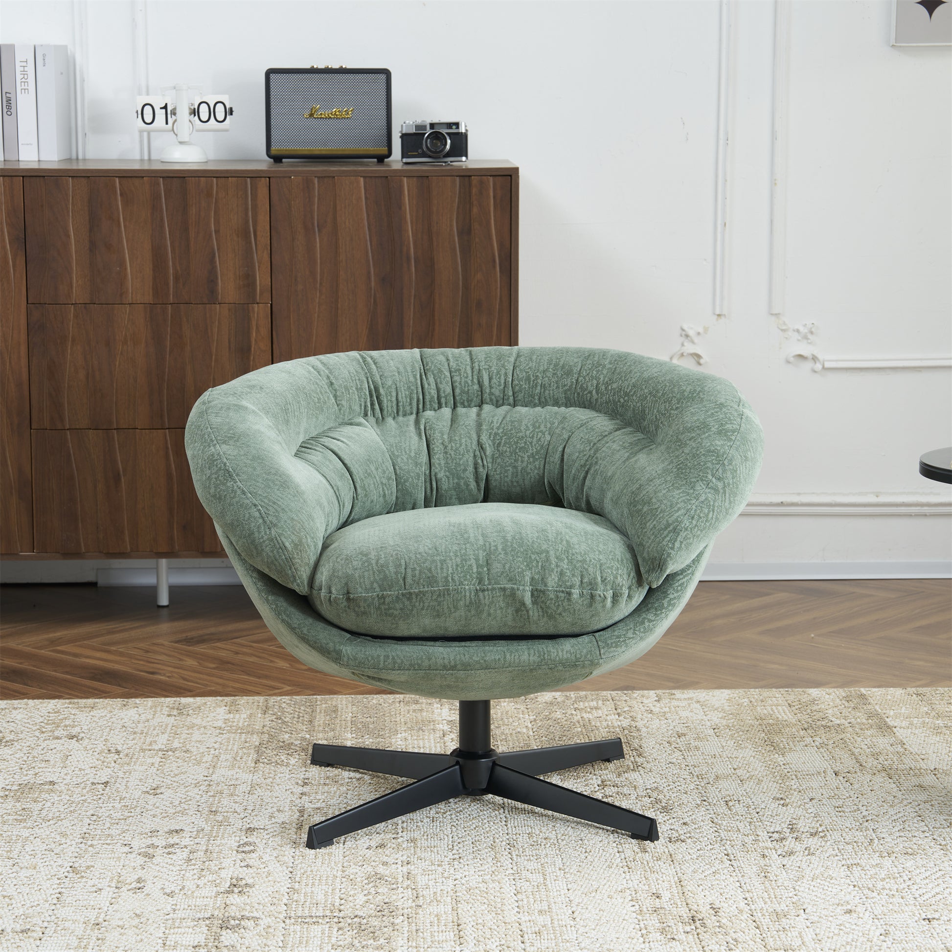 Comfy Chenille Upholstered 360 Swivel Club Chair Accent Chair With Removable Cushion, Round Office Chair With Black Metal Base, Cotton Material, Living Room, Bedroom, Reading Corner, Office Green