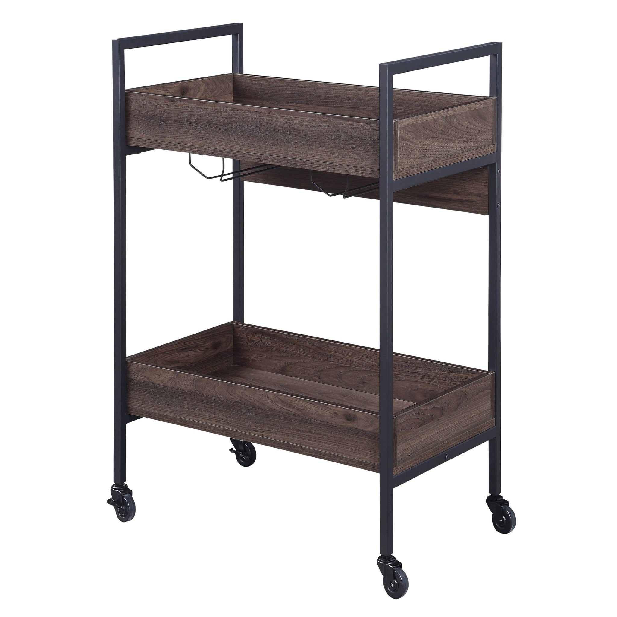 Walnut And Black Serving Cart With 2 Shelves Brown Black Dining Room Rectangular Kitchen Carts Wood Metal