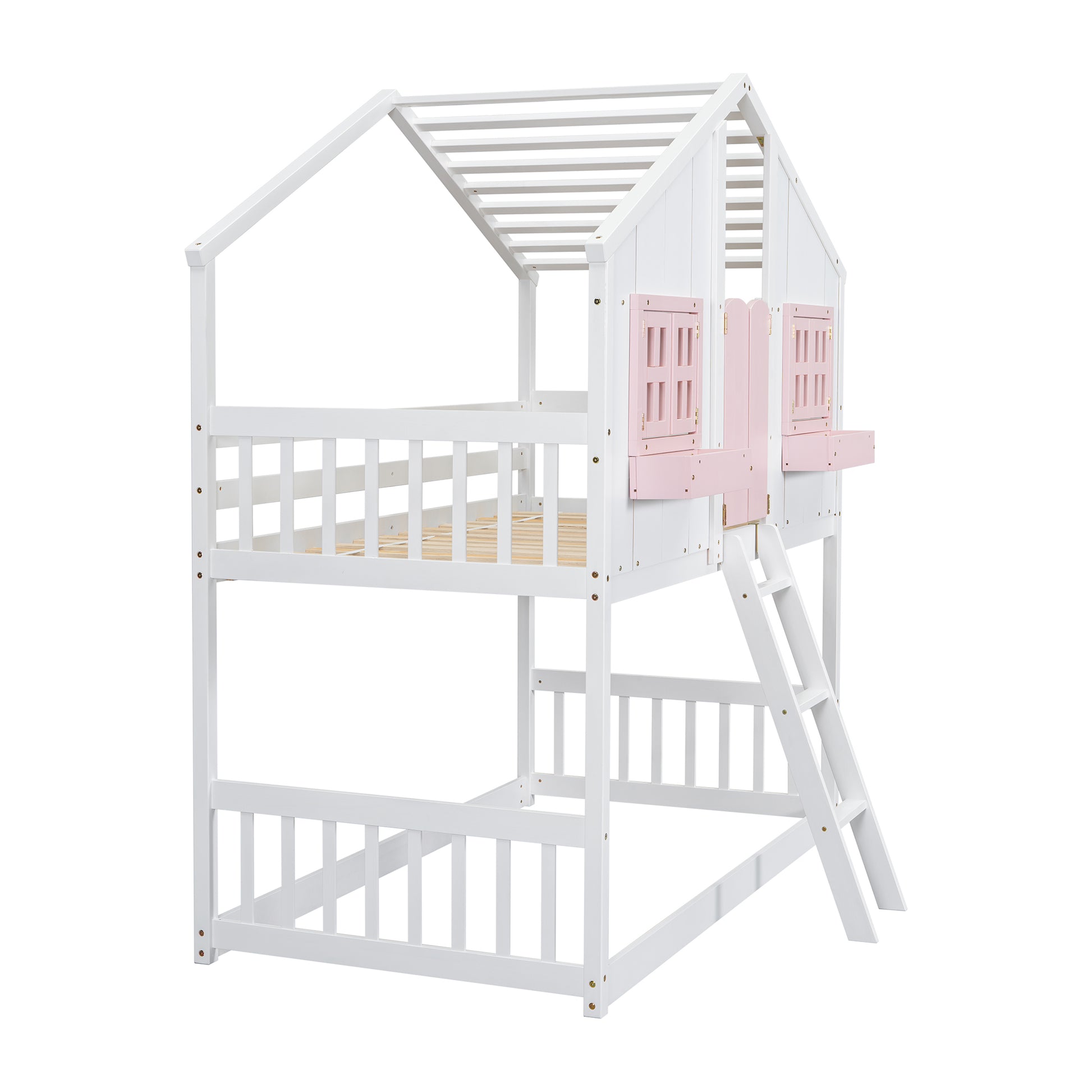 Twin Over Twin House Bunk Bed With Roofwindow, Window Box, Doorwith Safety Guardrails And Ladder, Pink White Twin Pink White Pine