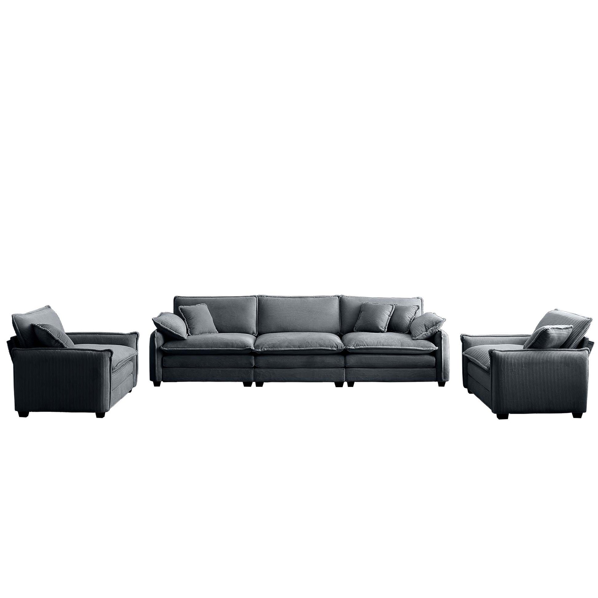 Warm And Cozy Sofa Set With Soft Cushions And Pillows, Home Theater Style Sofa Set Consisting Of A 3 Seater Sofa And Two Single Sofas Ingrey Corduroy Fabric Grey Corduroy 5 Seat