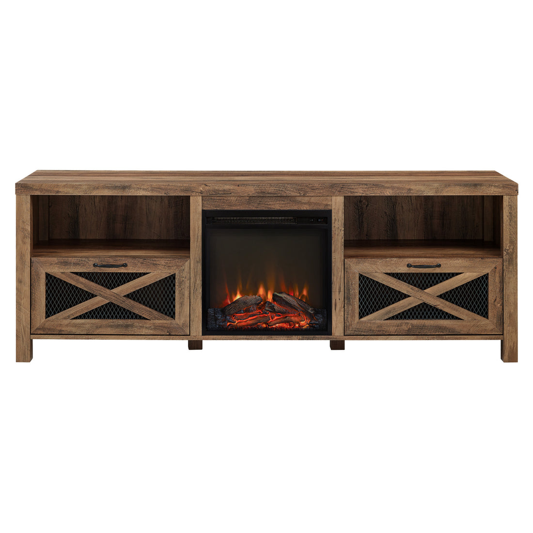 Industrial Farmhouse Metal Mesh Drop Down X Door 70" Fireplace Tv Stand For 80" Tvs Rustic Oak Oak Mdf