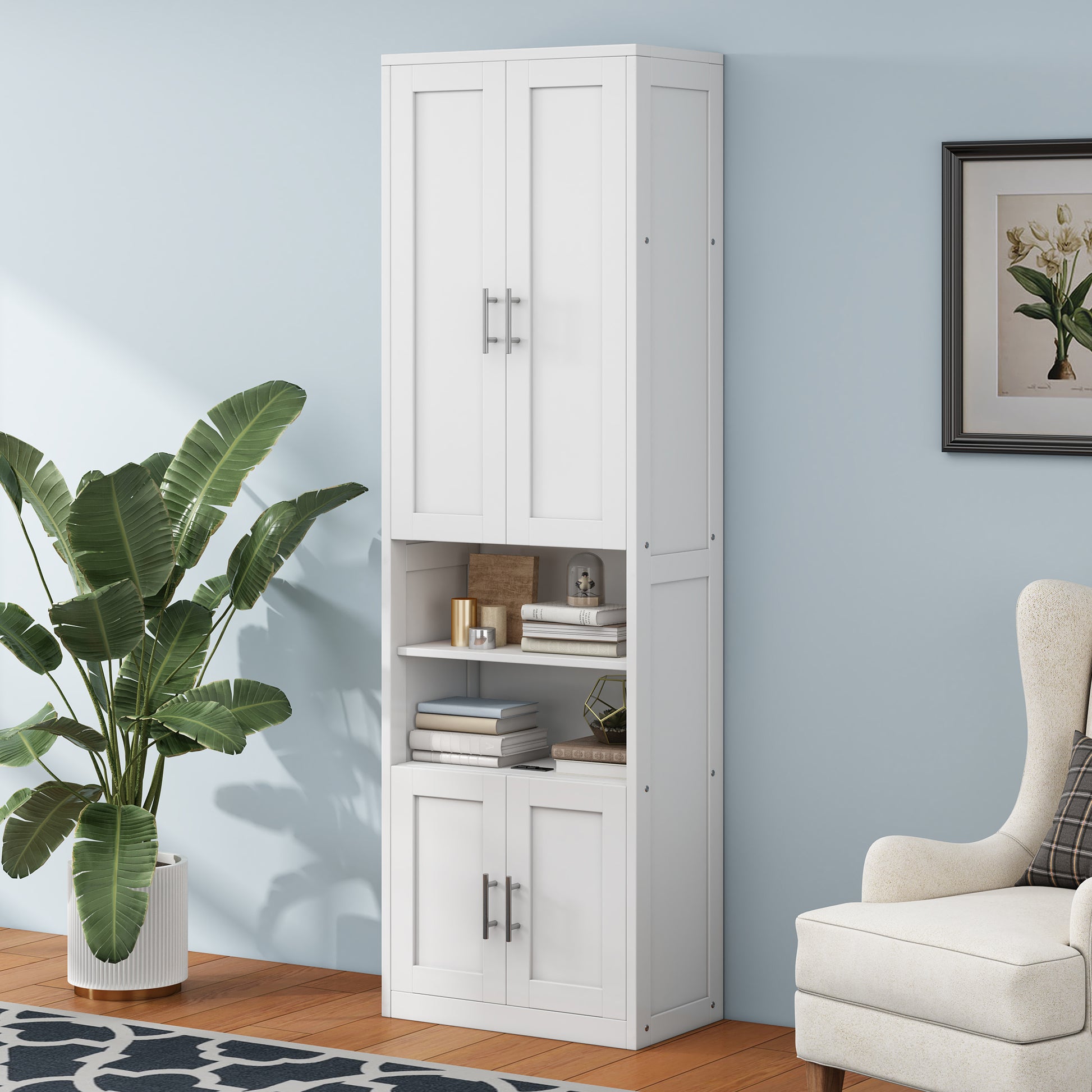2 Doors Bookshelf With Usb Port 3 Adjustable And 3 Fixed Shelves Bookcase Side Cabinet Storage Shelves In White Old Sku:Wf311493Aac White Solid Wood Mdf