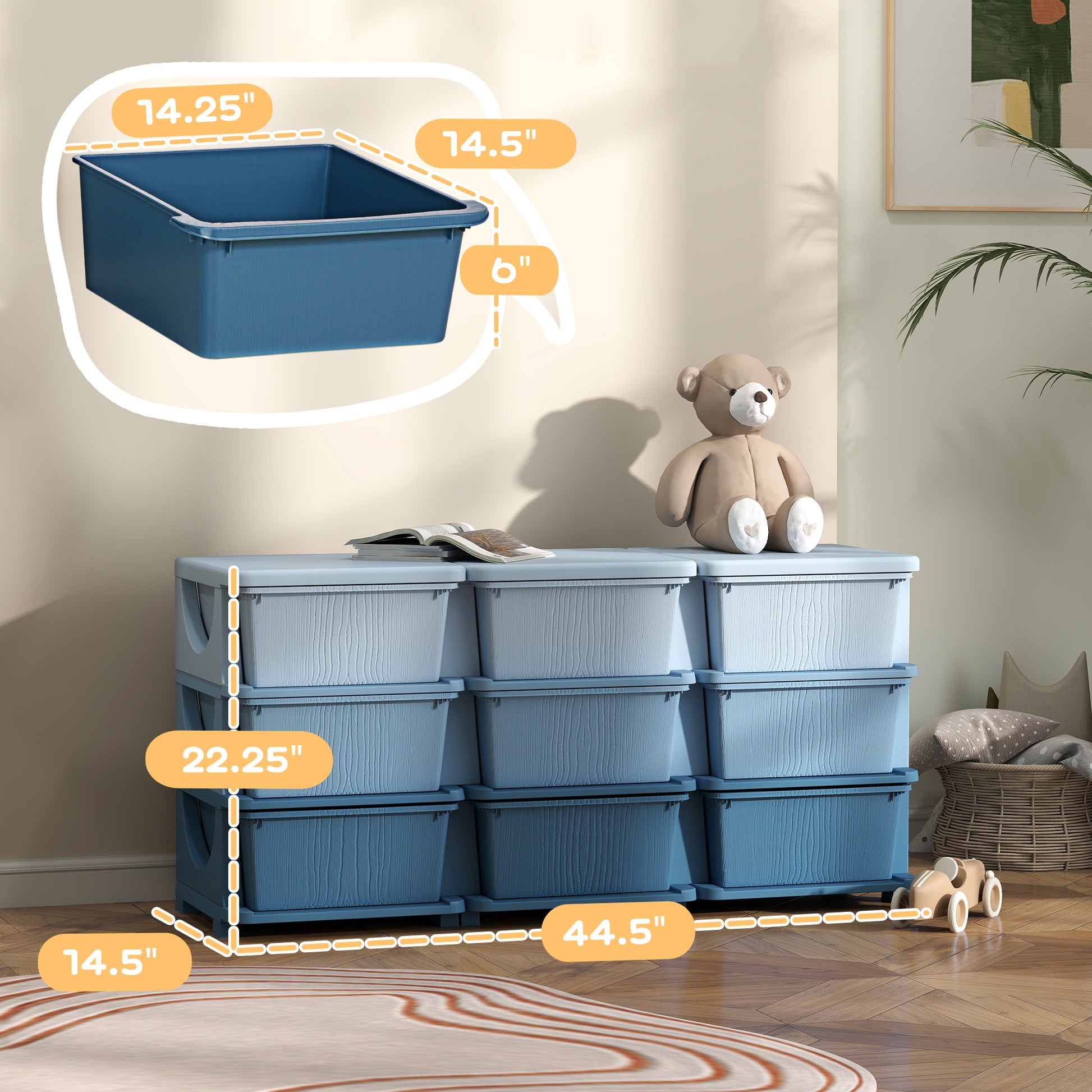 Qaba 3 Tier Kids Storage Unit, 9 Drawer Chest Toy Organizer Plastic Bins For Kids Bedroom Nursery Kindergarten Living Room For Boys Girls Toddlers, Blue Blue Polypropylene