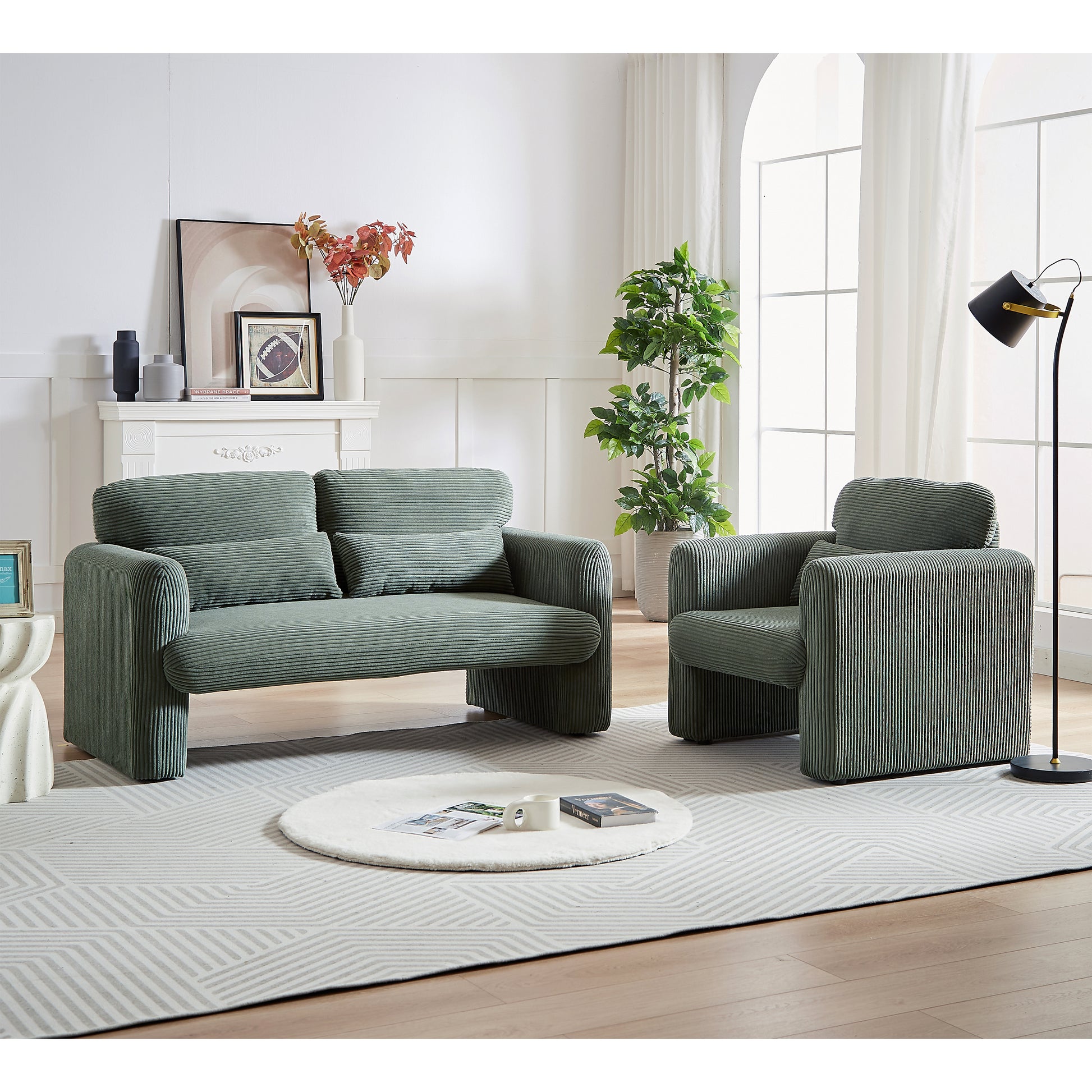 60"Corduroy Fabric Sofa With 33" Single Sofa, Modern Sofa With Support Pillowfor Apartment, Office, Living Room & Bedroom Green Corduroy 3 Seat