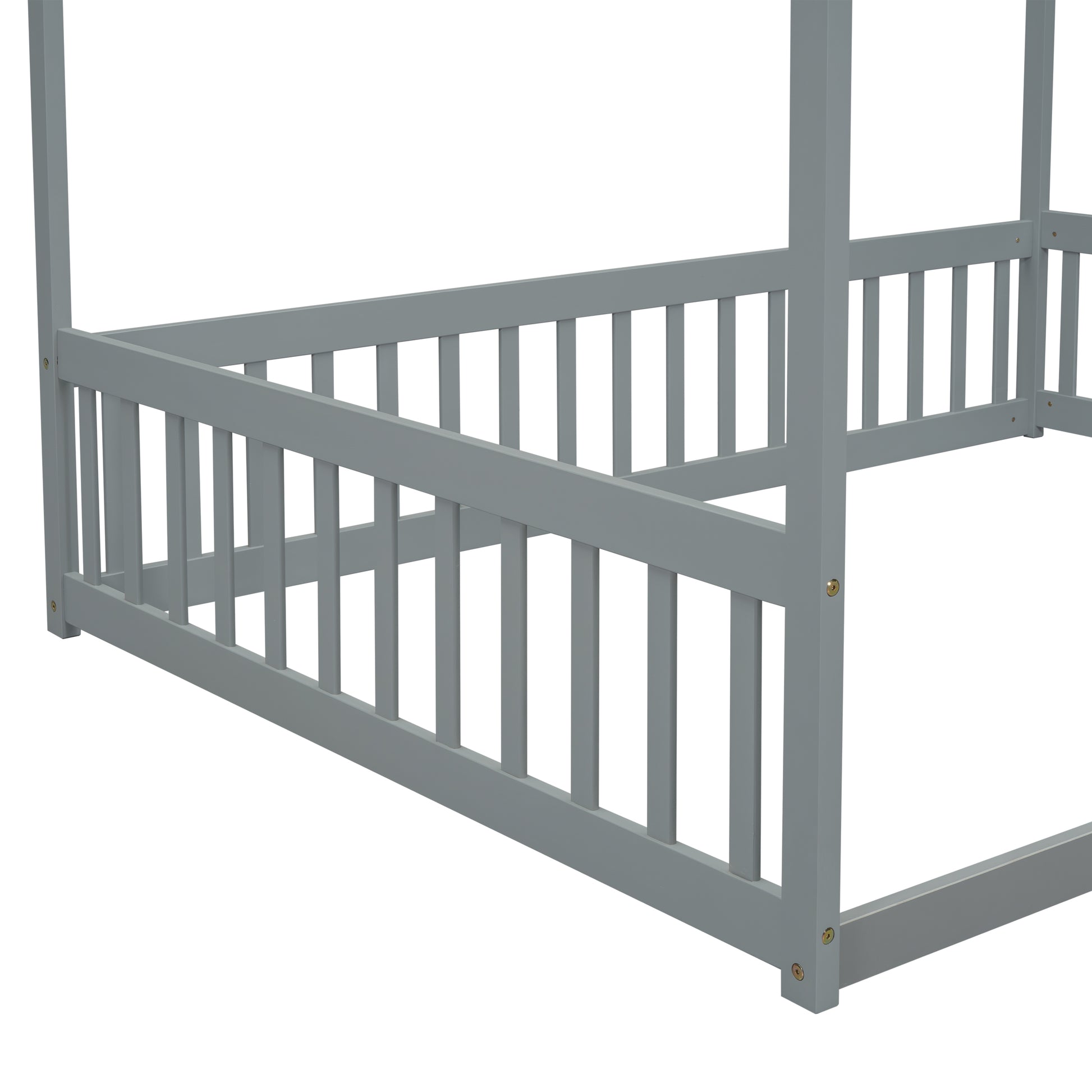 Full Size Canopy Frame Floor Bed With Fence, Guardrails,Grey Full Grey American Design Pine