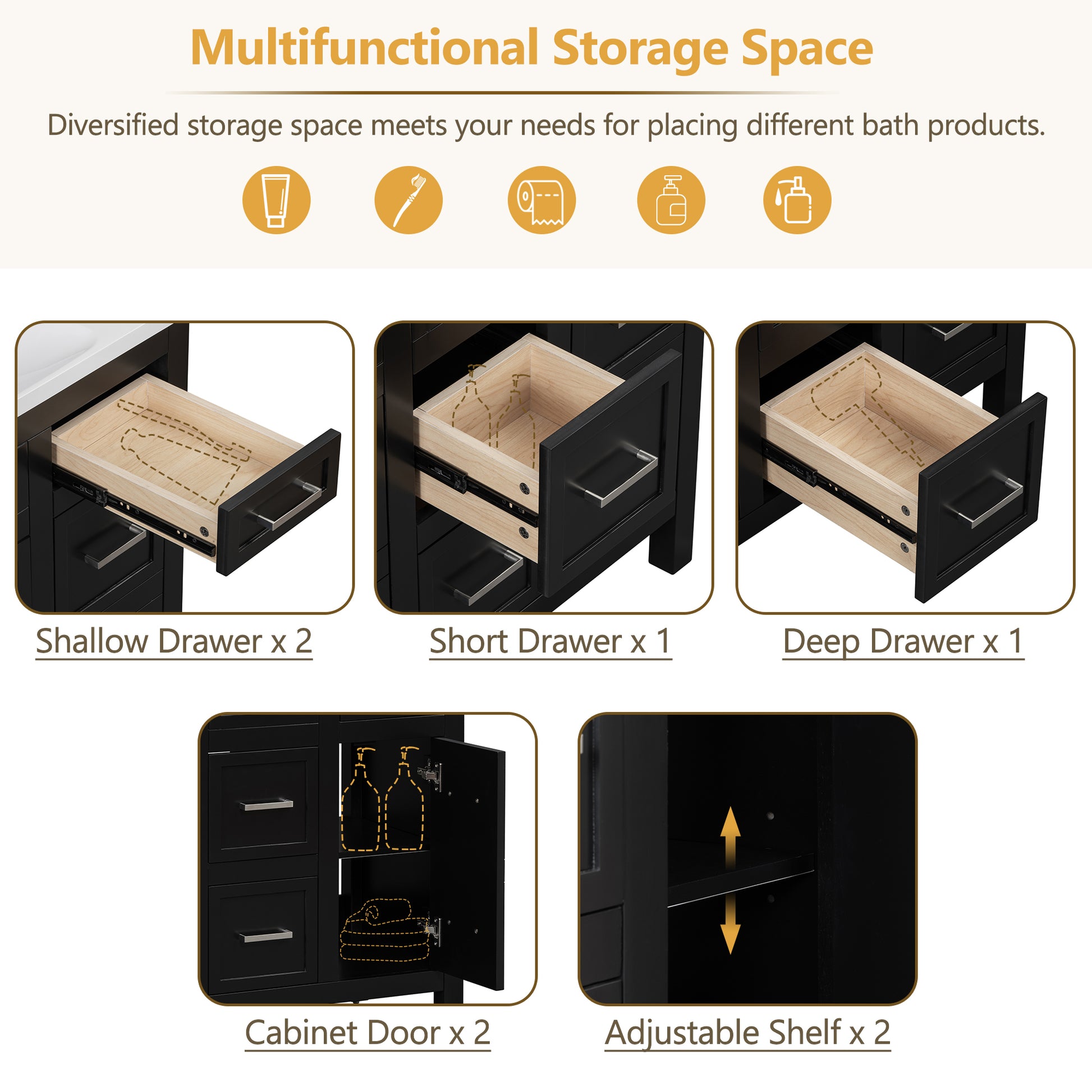 36" Bathroom Vanity Cabinet With Resin Integrated Sink 4 Drawers, 2 Doors Black Bathroom Solid Wood Mdf Resin