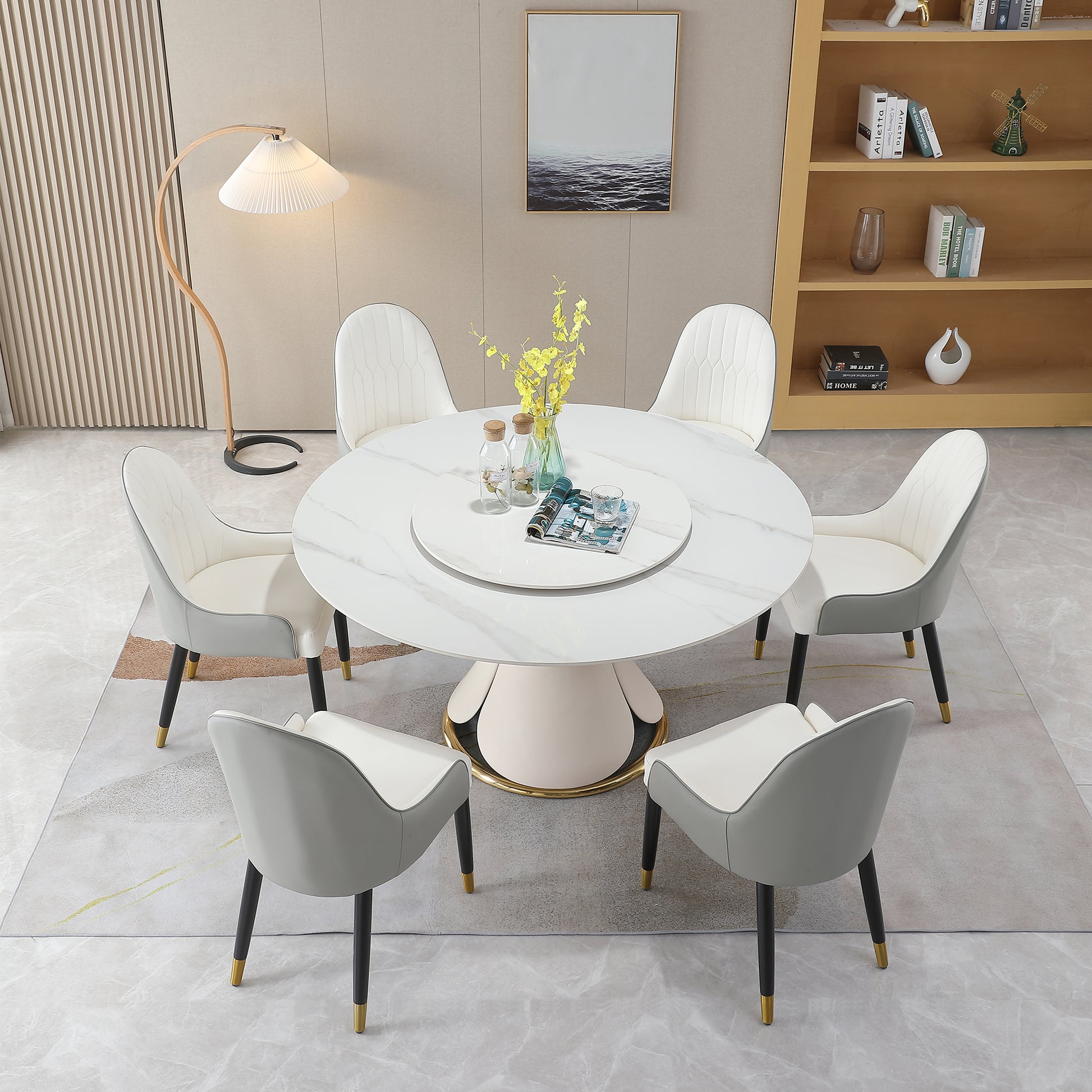 59.05"Modern Sintered Stone Dining Table With 31.5" Round Turntable With 6 Pcs Chairs . Metal White Seats 6 American Design Round Round Sintered Stone