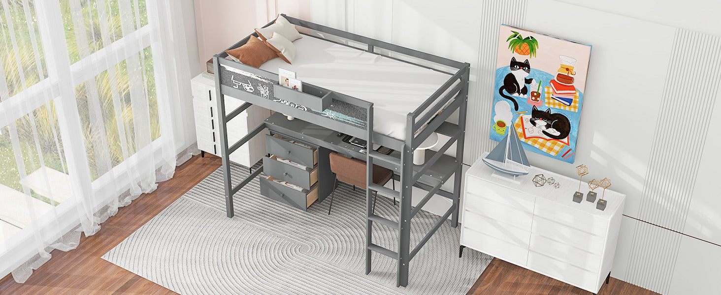 Wood Twin Size Loft Bed With Desk, Blackboard, Storage Box, Shelf And 3 Drawers, Gray Box Spring Not Required Twin Gray Wood Solid Wood Mdf