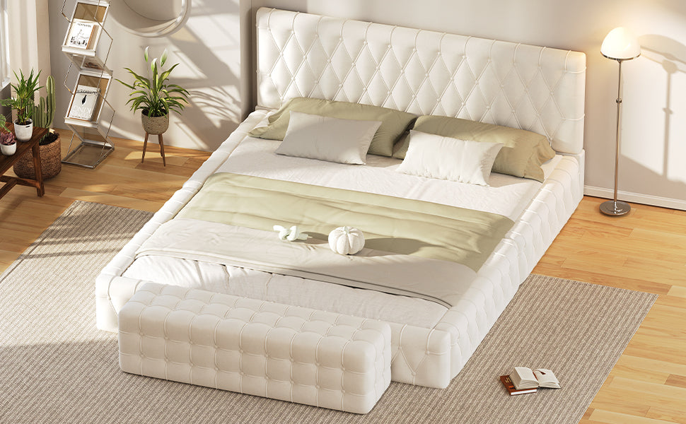 2 Pieces Bedroom Sets Queen Size Upholstered Bed With Rectangular Upholstered Ottoman For Bedroom,White Queen White 2 Piece Set Solid Wood Mdf