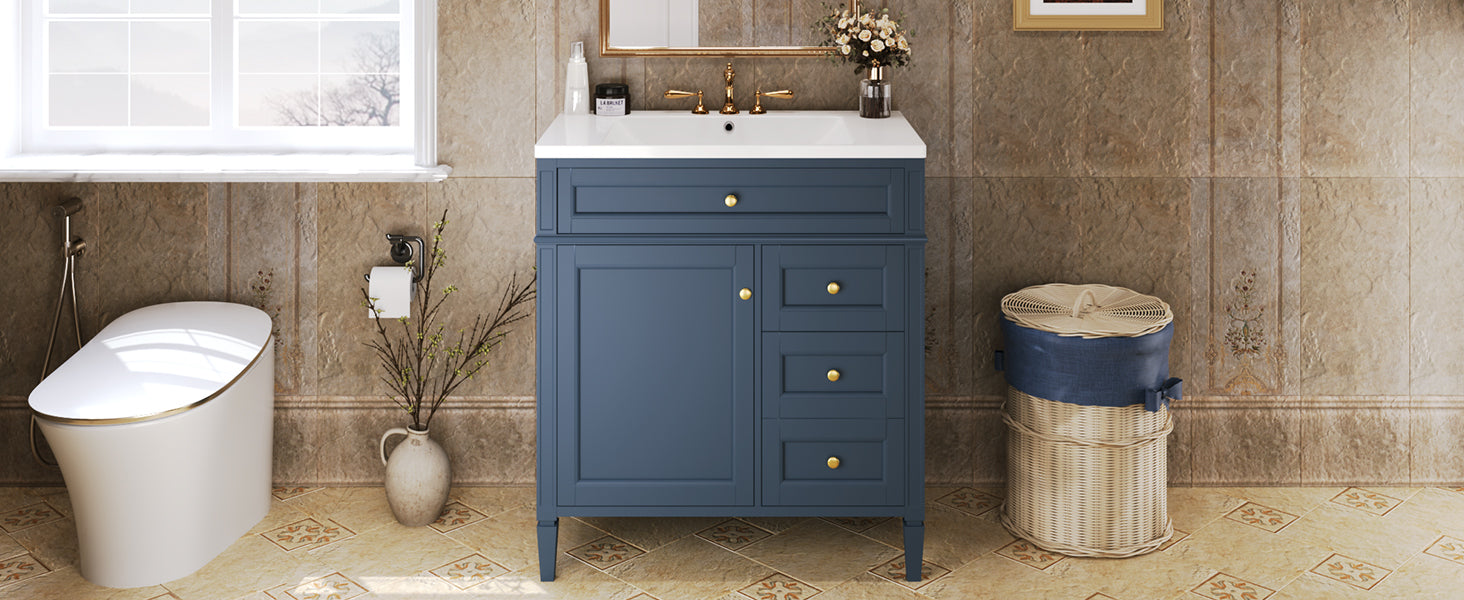 30'' Bathroom Vanity With Top Sink, Modern Bathroom Storage Cabinet With 2 Drawers And A Tip Out Drawer, Single Sink Bathroom Vanity 3 Blue 1 2 Adjustable Hinges Bathroom Freestanding Modern Solid Wood Mdf Resin Painted