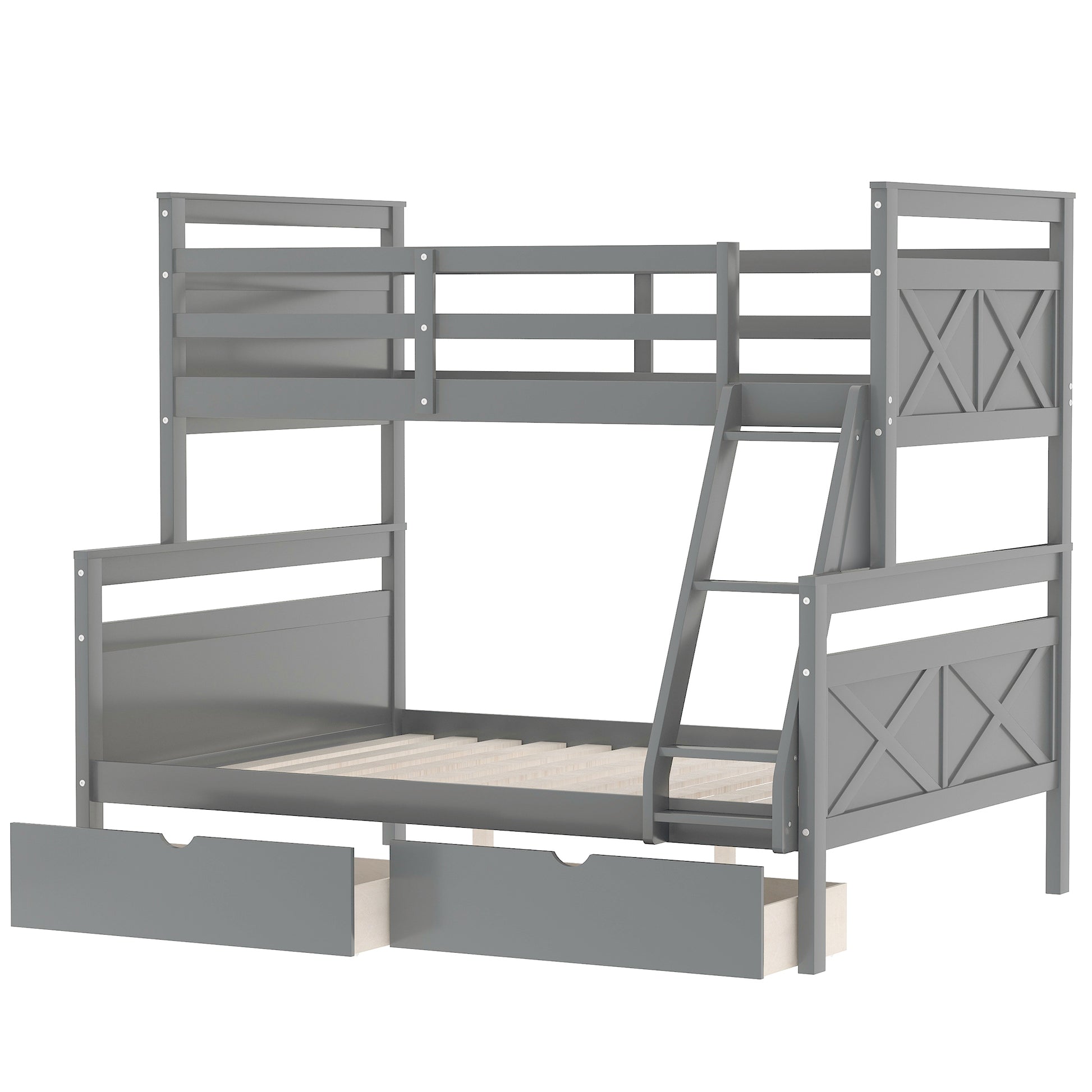 Twin Over Full Bunk Bed With Ladder, Two Storage Drawers, Safety Guardrail, Gray Twin Box Spring Not Required Gray Bedroom Bunk Pine