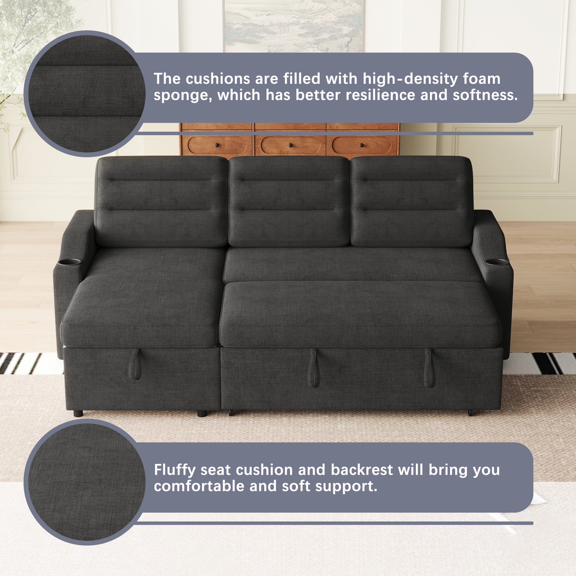 Mh83.5" Convertible Sleeper Combo Sofa, Convertible Sofa Bed Polyester Pullout Bed With Storage Recliner And Cup Holder For Living Room, Tight Spaces Black Polyester Wood Primary Living Space Pine Polyester Fabric 3 Seat