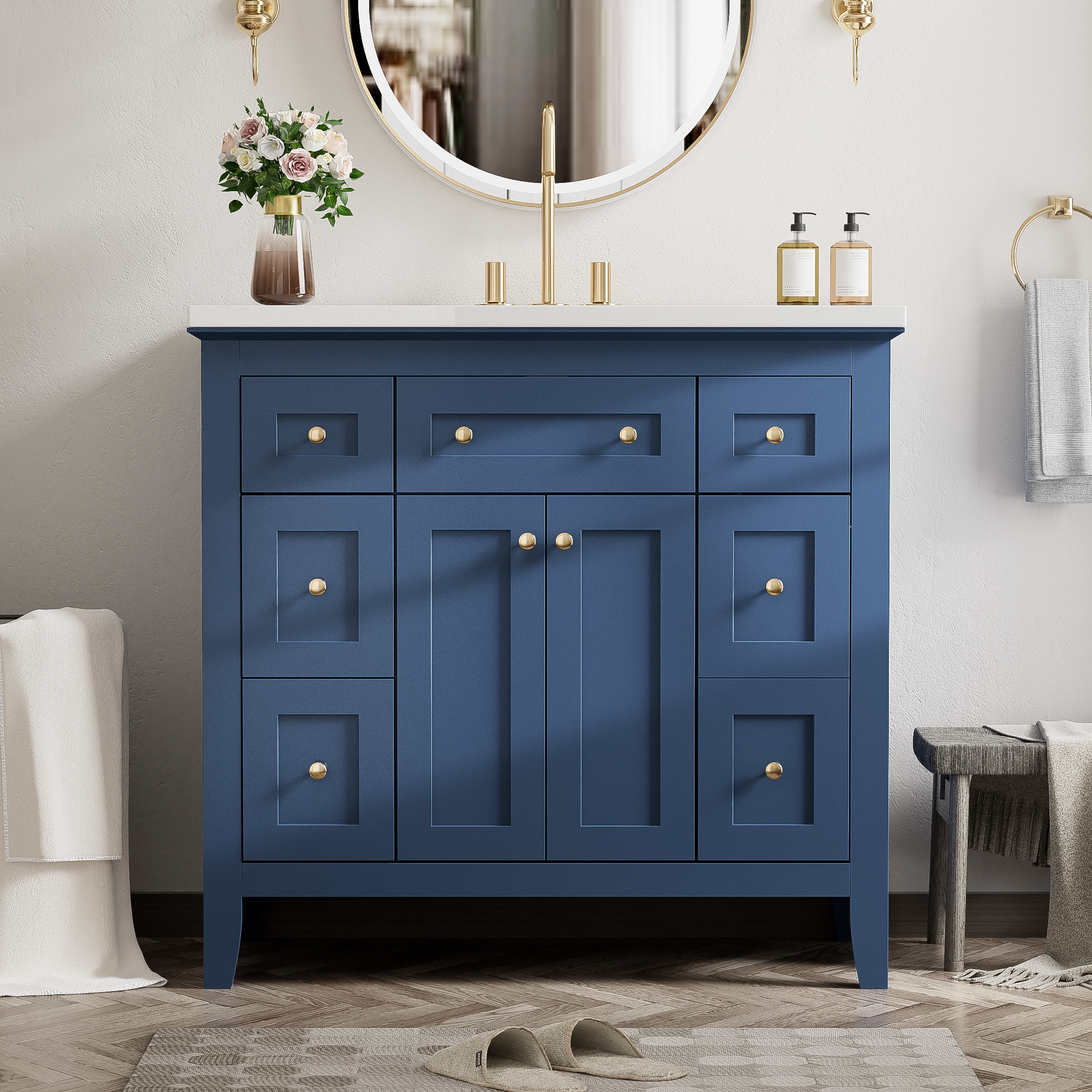 36'' Bathroon Vanity With Resin Sink Combo Set, Modern Freestanding Single Bathroom Cabinet With 6 Drawers & 2 Cabinets, Storage Cabinet For Bathroom, Solid Wood Frame Vanity Set, Blue 4 Blue 2 2 Bathroom Freestanding Solid Wood Mdf Resin Painted