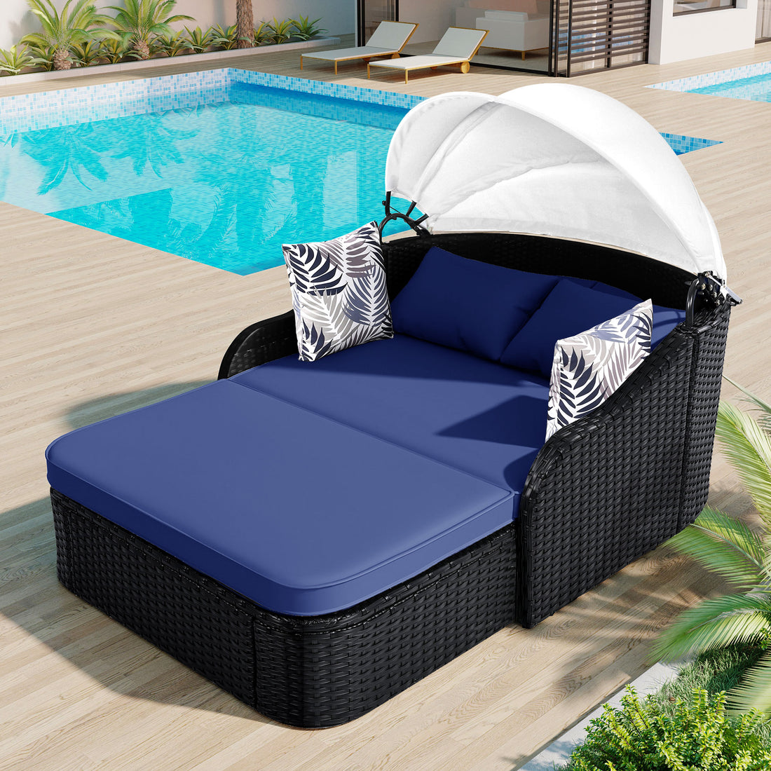 79.9" Outdoor Sunbed With Adjustable Canopy, Double Lounge, Pe Rattan Daybed, Black Wicker And Blue Cushion Yes Black Blue Wicker