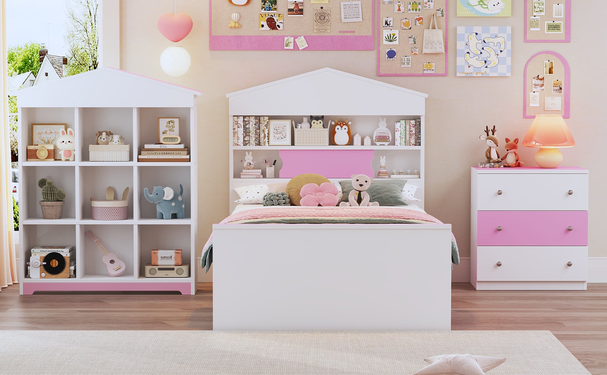 3 Pieces Bedroom Sets, Twin Size House Shaped Wooden Bed With Storage Drawers, Nightstand With Colorblock Design And House Shaped Stroage Rack, Pink White Twin White Pink 3 Piece Set Wood