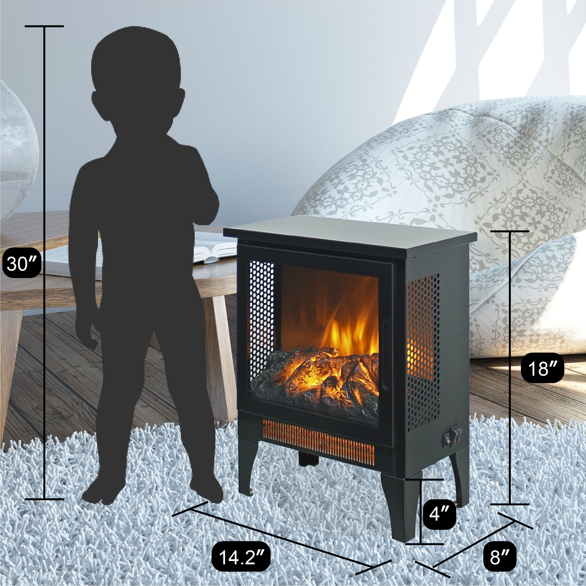 15 Inch 3D Flame Electric Infrared Quartz Fireplace Stove Without Remote Control Powder Coated Electric Yes Antique Black Vent Free No Freestanding Tempered Glass Sheet Metal Electric