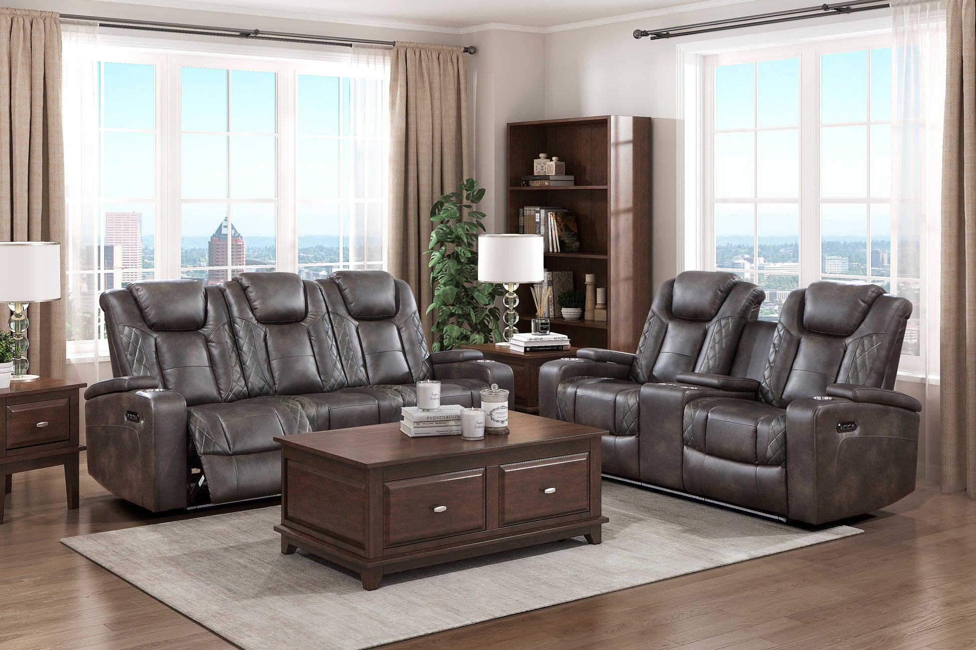 Luxury Comfort Modern Living Room Furniture 3Pc Sofa Set Power Reclining Sofa Loveseat Premium Faux Leather Upholstery, Power Headrests, Led Light, Usb Ports, Cup Holders, Hidden Storage Brown Gray Faux Leather Wood Primary Living Space Luxury,Modern